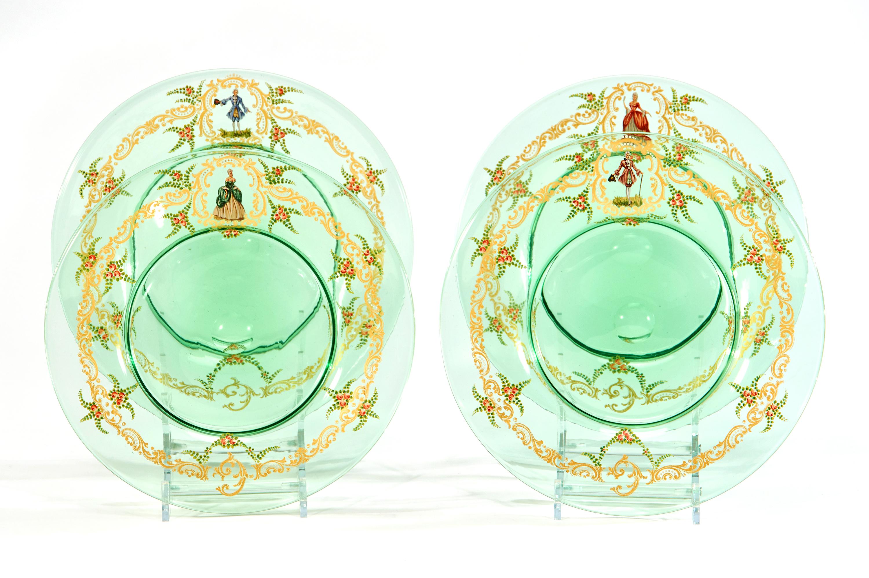 Enameled 12  Venetian Glass Green Dinner Plates W/ Hand Painted Enamel Gilt Decoration For Sale