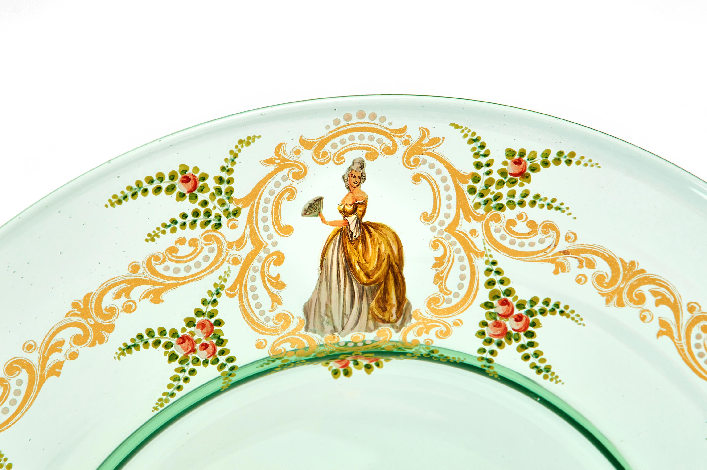 Early 20th Century 12  Venetian Glass Green Dinner Plates W/ Hand Painted Enamel Gilt Decoration For Sale