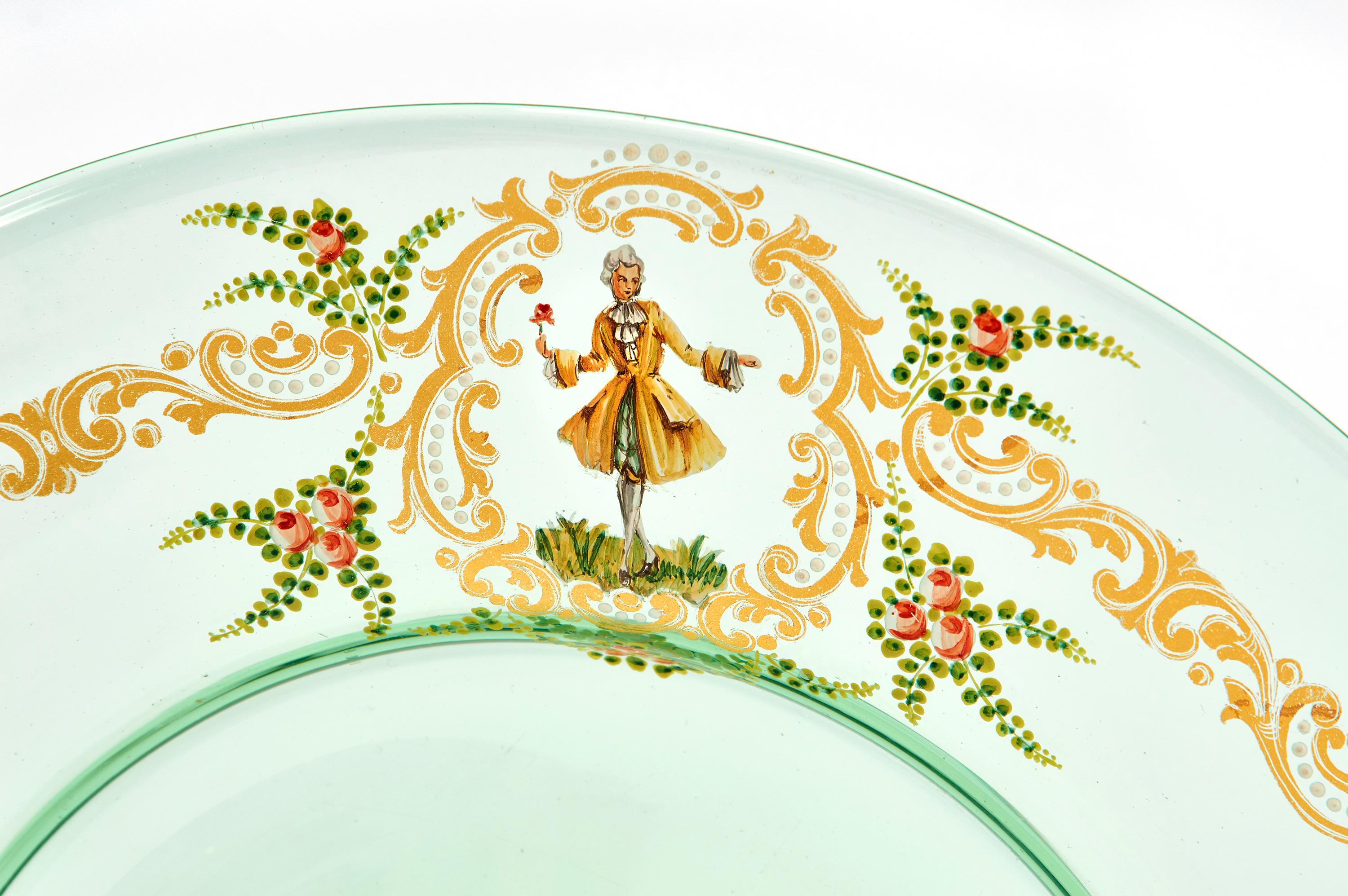 12  Venetian Glass Green Dinner Plates W/ Hand Painted Enamel Gilt Decoration For Sale 1