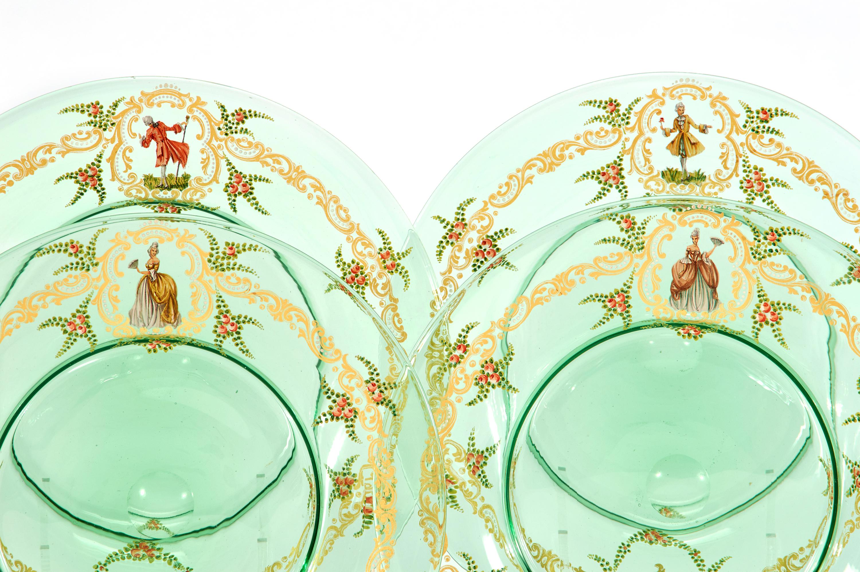 12  Venetian Glass Green Dinner Plates W/ Hand Painted Enamel Gilt Decoration For Sale 2