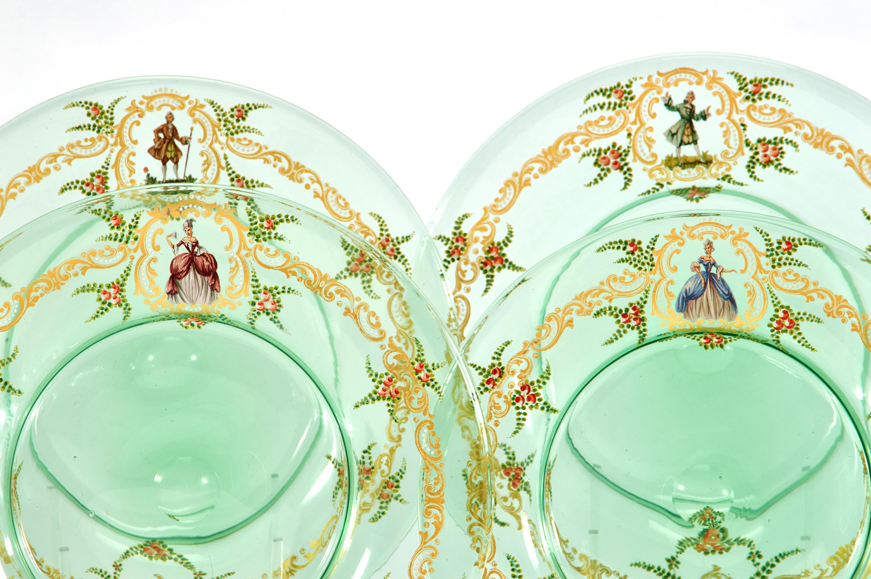 12  Venetian Glass Green Dinner Plates W/ Hand Painted Enamel Gilt Decoration For Sale 3