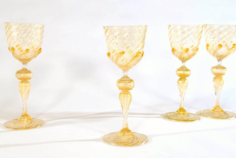 Italian 12 Venetian Salviati Large Goblets W/ Gold Leaf Inclusions & Applied Prunts  For Sale