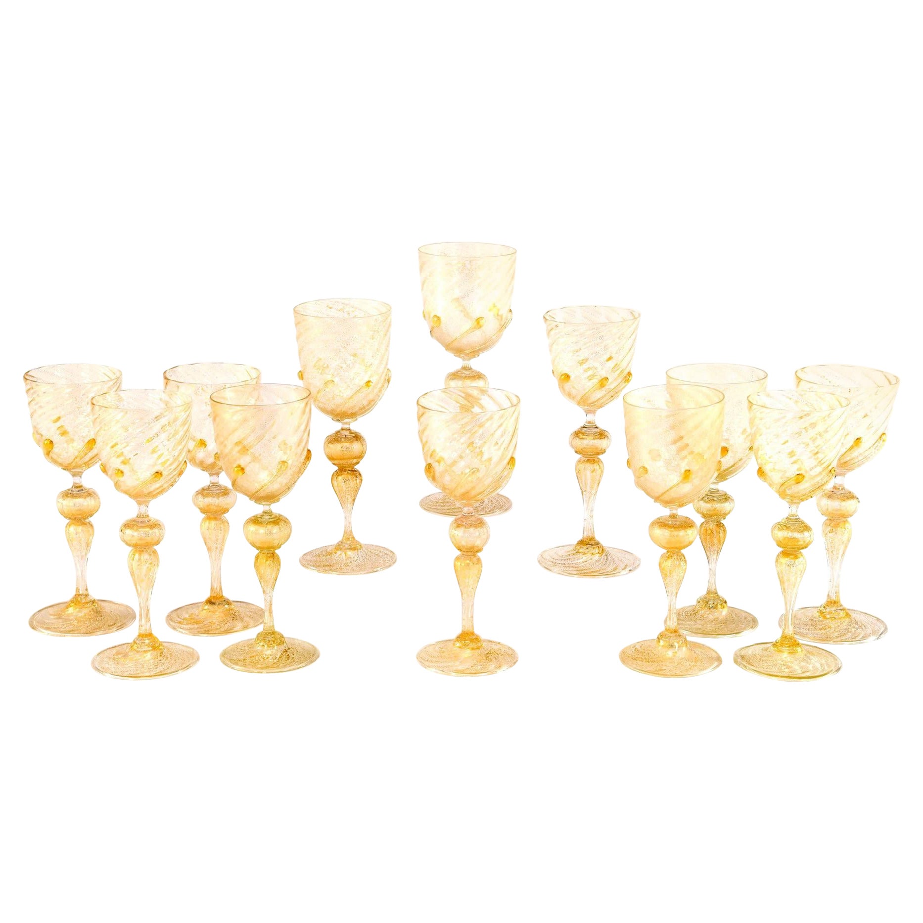 12 Venetian Salviati Large Goblets W/ Gold Leaf Inclusions & Applied Prunts
