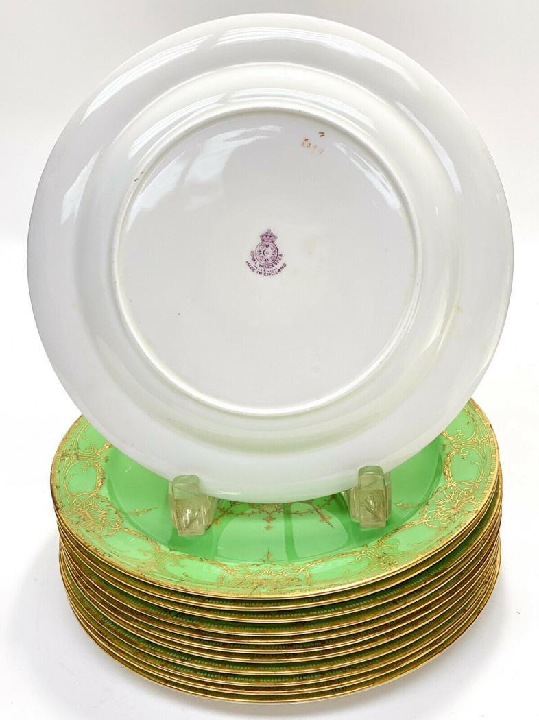 British 12 Vibrant Green & Gilt Encrusted Dessert Plates, Antique English, Circa 1901