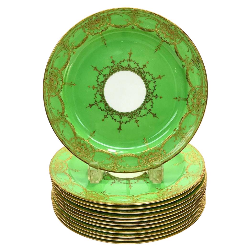 12 Vibrant Green 
Gilt Encrusted Dessert Plates, Antique English, Circa 1901
