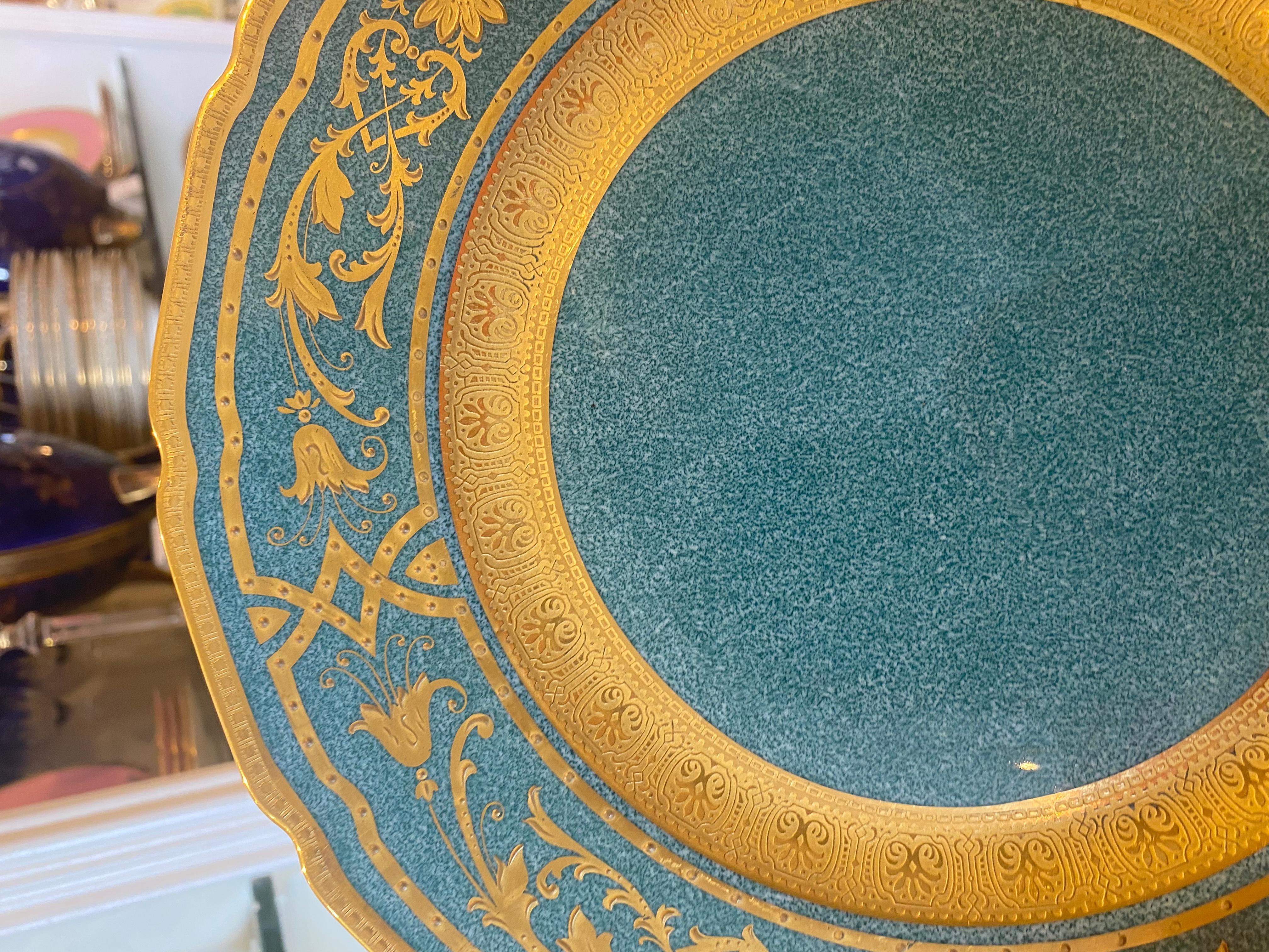 Hand-Crafted 12 Vibrant Turquoise Green Raised Gilt Encrusted Dinner Plates, Antique English