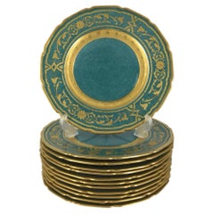 12 Vibrant Turquoise Green Raised Gilt Encrusted Dinner Plates, Antique English