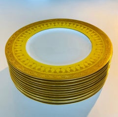 12 Vibrant Yellow & Raised Gold Dinner Plates. Antique English Custom Order