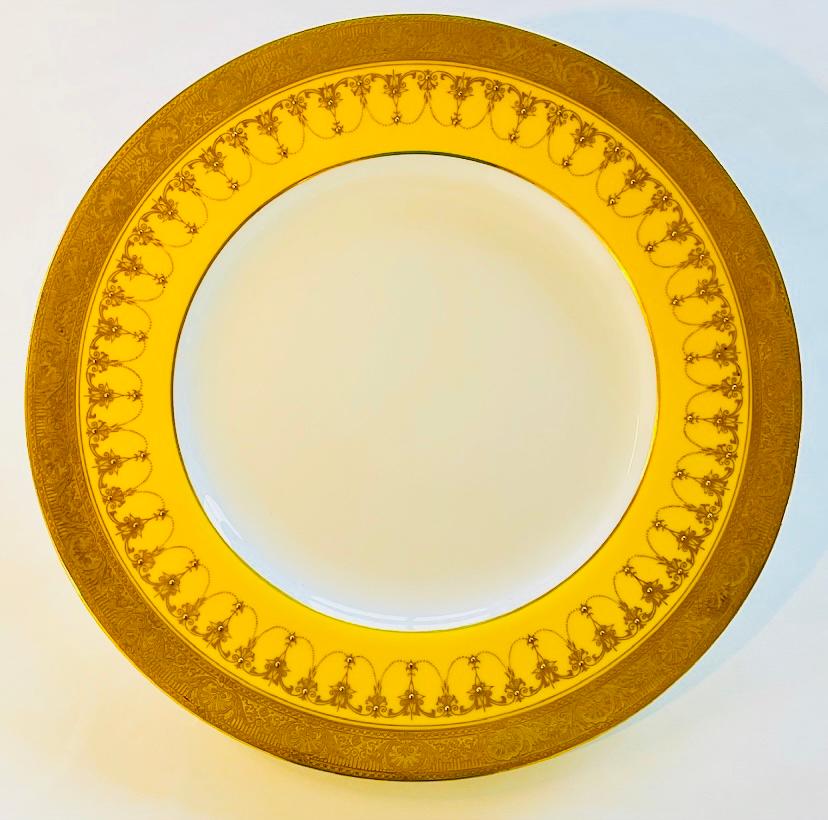 British 12 Vibrant Yellow & Raised Gold Dinner Plates. Antique English Custom Order For Sale