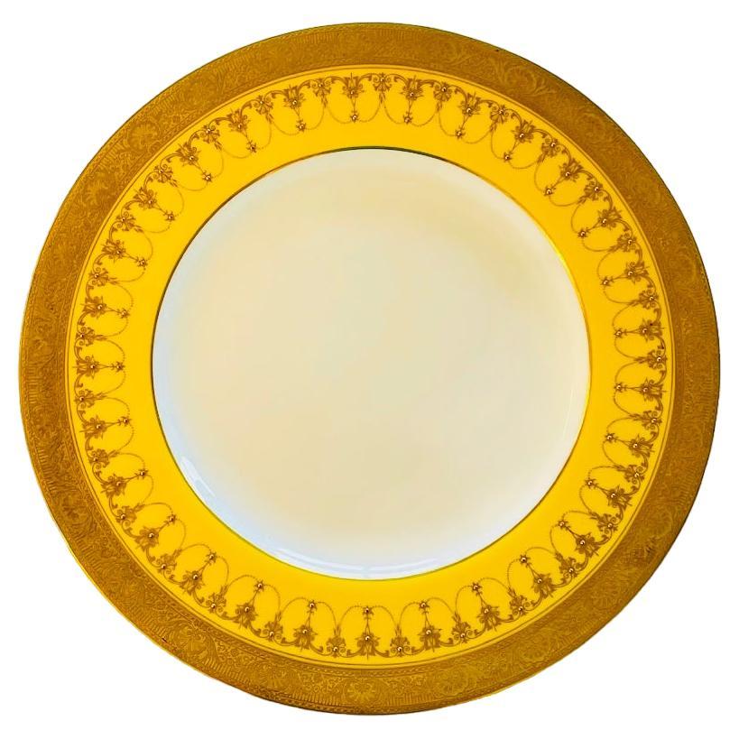 12 Vibrant Yellow & Raised Gold Dinner Plates. Antique English Custom Order For Sale