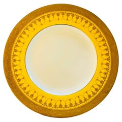 12 Vibrant Yellow & Raised Gold Dinner Plates. Antique English Custom Order