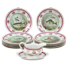 (12) Victoria Carlsbad Austria 8 3/8" Porcelain Fish Plates & Gravy Sauce Boat