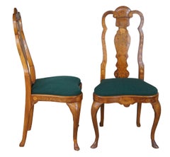 12 Vintage 20th Century Dutch Marquetry Walnut &Ash Inlaid Dining Side Chairs