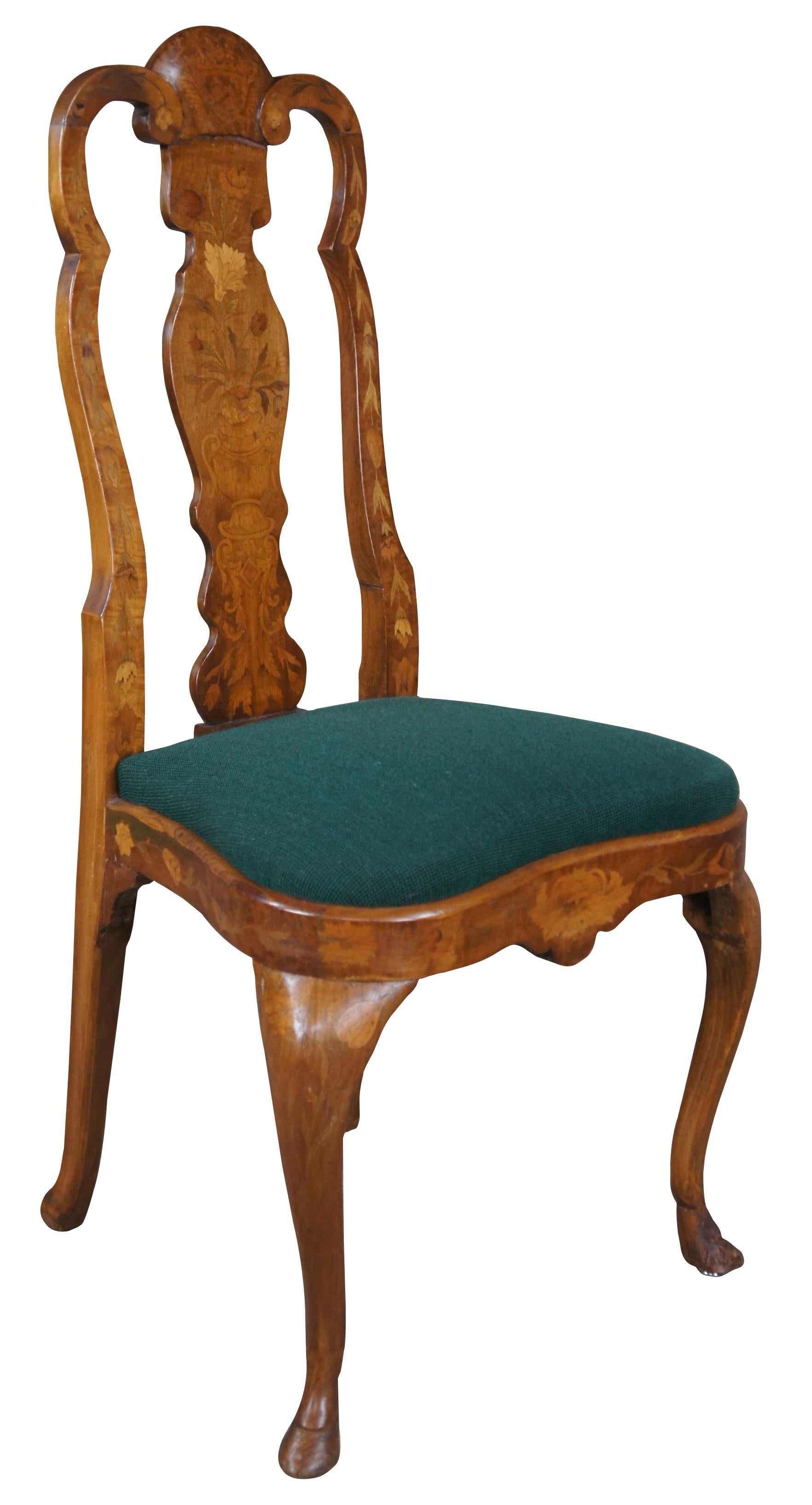 Dutch Colonial 12 Vintage 20th Century Dutch Marquetry Walnut &Ash Inlaid Dining Side Chairs
