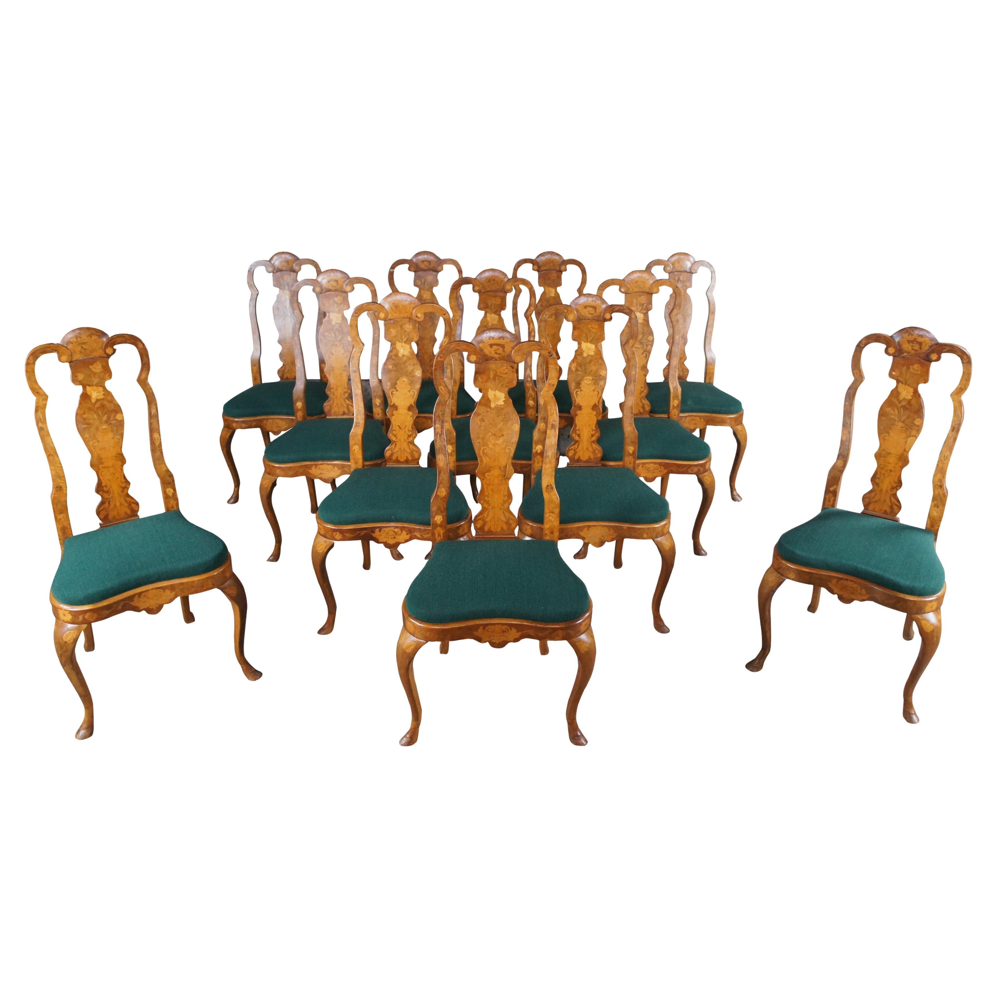 12 Vintage 20th Century Dutch Marquetry Walnut &Ash Inlaid Dining Side Chairs