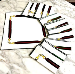 12 Vintage Aldo Gucci Equestrian Napkins with Horsebit Motif, Signed, 1980s