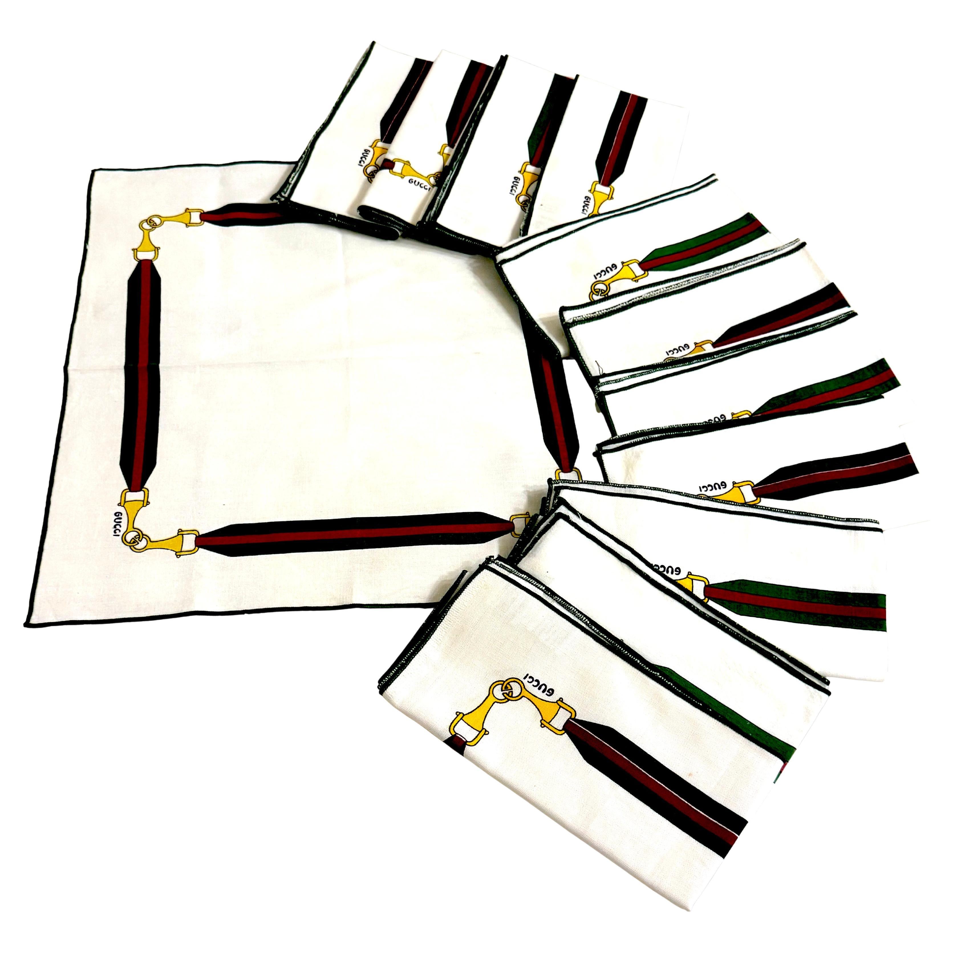 12 Vintage Aldo Gucci Equestrian Napkins with Horsebit Motif, Signed, 1980s