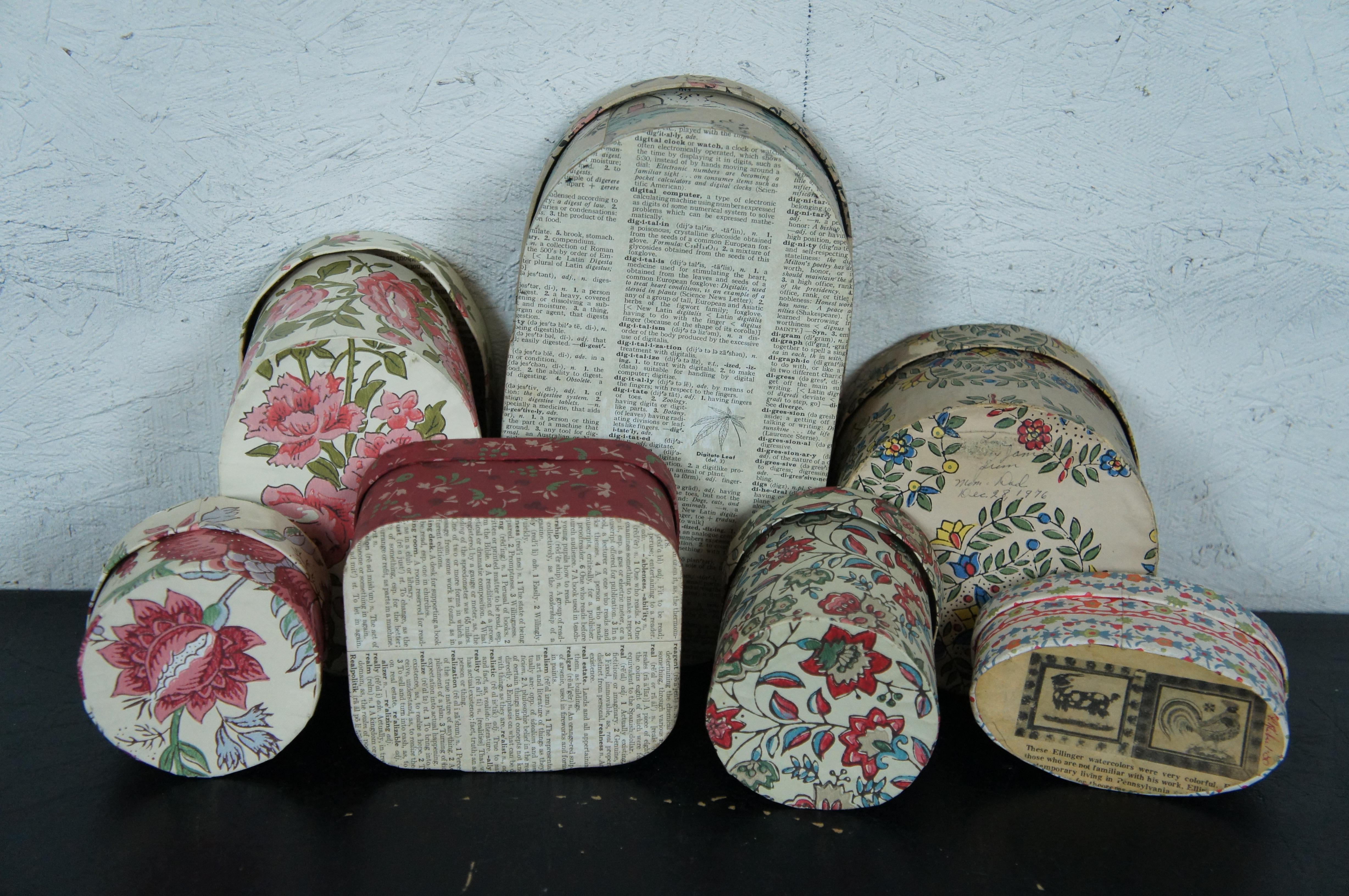 12 Vintage Antique Folk Art Paper Banded Hat Storage Trinket Bride Boxes In Good Condition In Dayton, OH