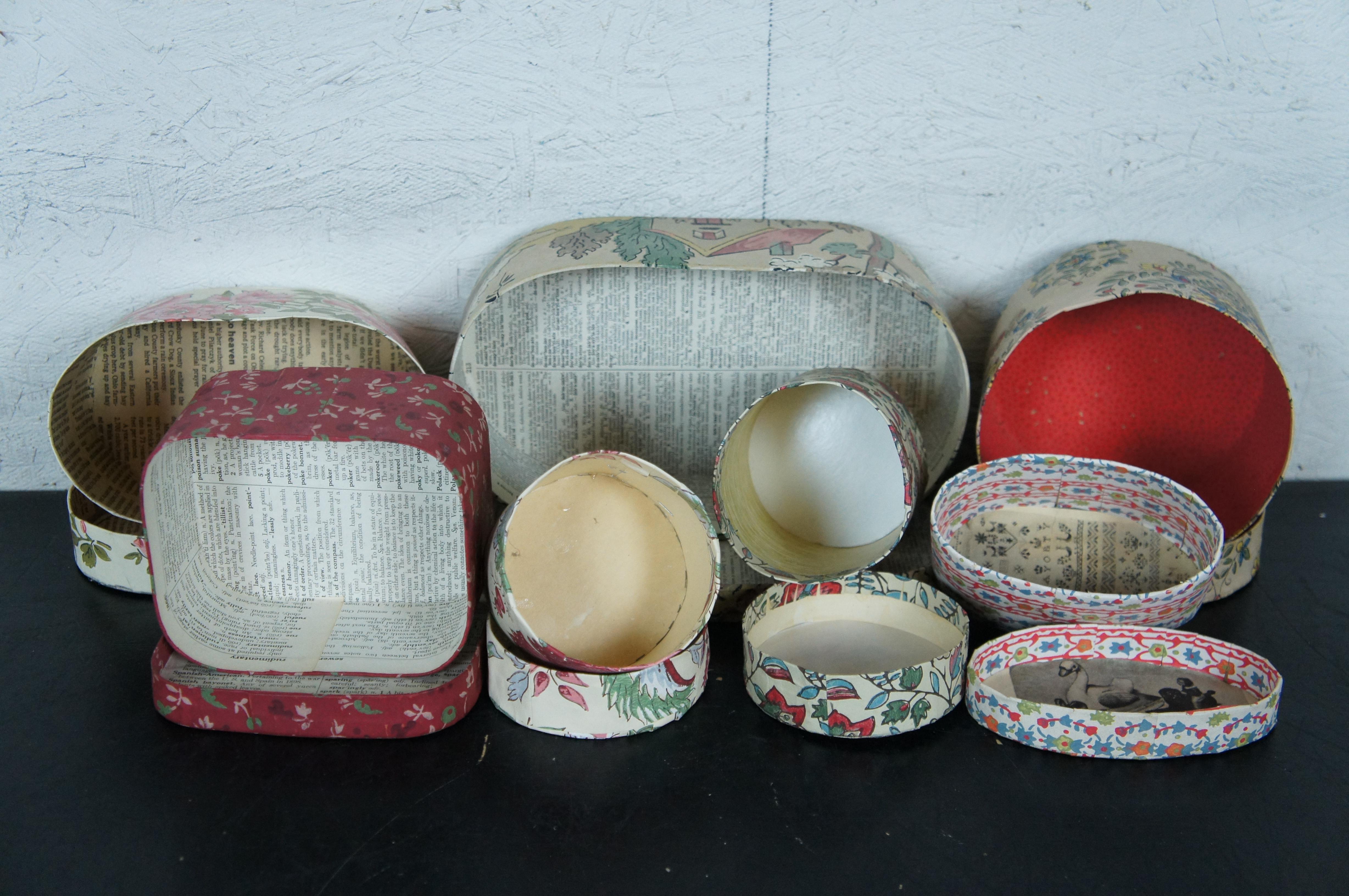 12 Vintage Antique Folk Art Paper Banded Hat Storage Trinket Bride Boxes 1