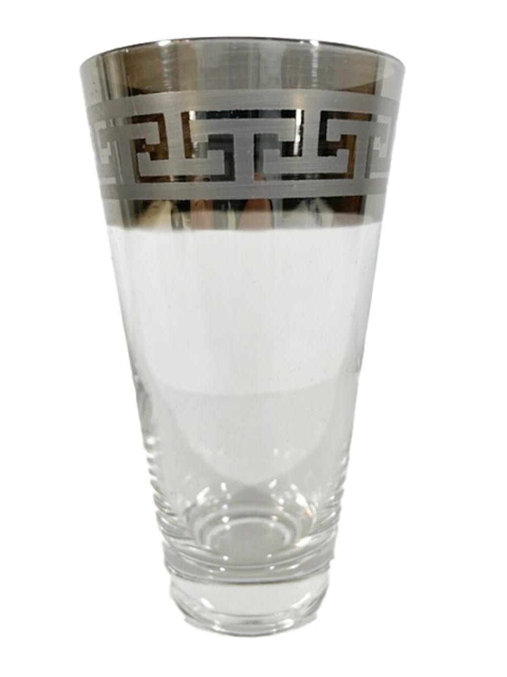 Mid-Century Modern 12 Vintage Dorothy Thorpe Style Highball Glasses / Greek Key Embossed Silver Rim For Sale