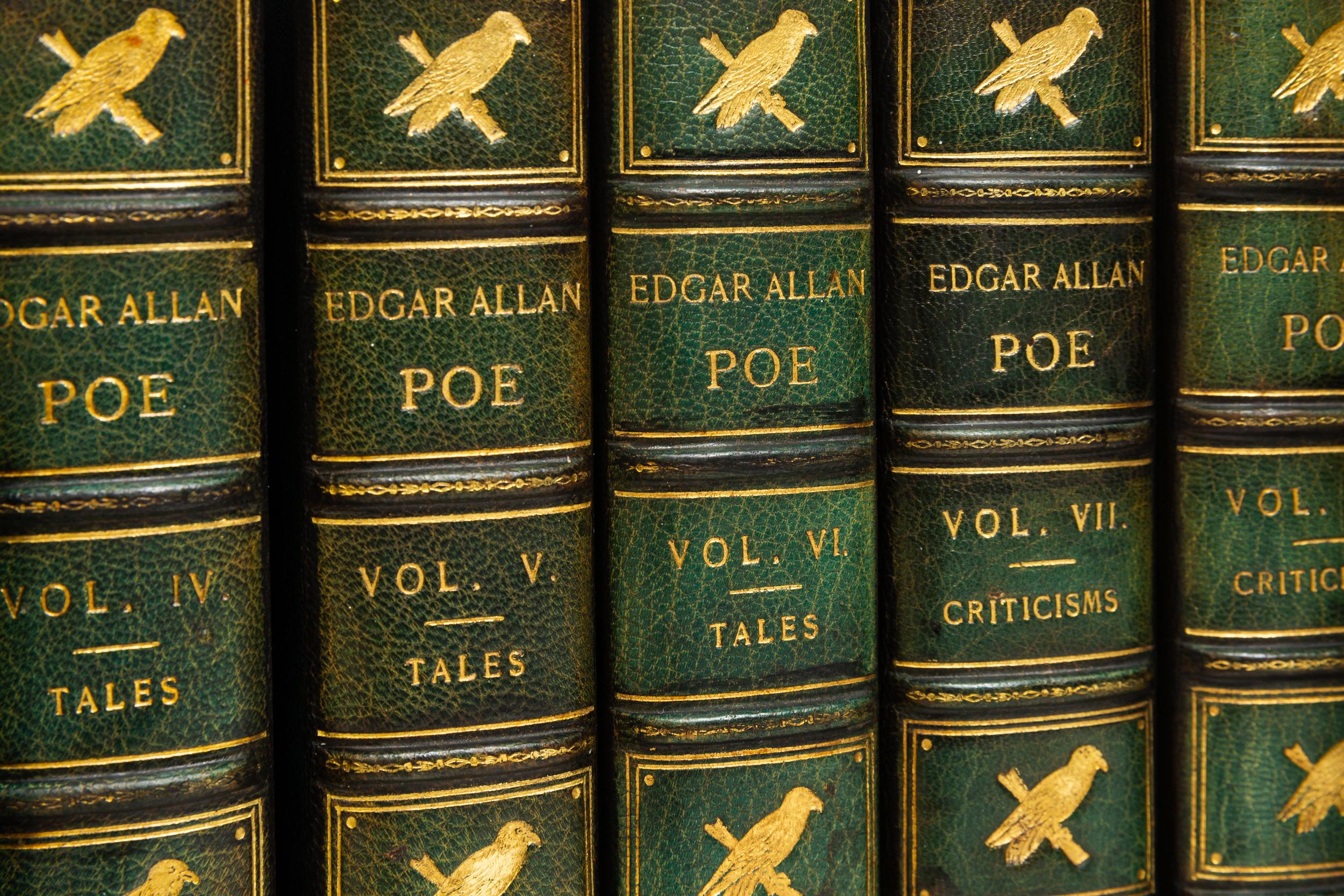 12 Volumes. Edgar Allan Poe.. & Hervey Allen. The Complete Works. And the Life Of Poe. With A Critical Introduction by Charles F. Richardson, Illustrated by Frederick S. Coburn. Bound in 3/4 blue morocco by Bennett, linen boards, top edges gilt,