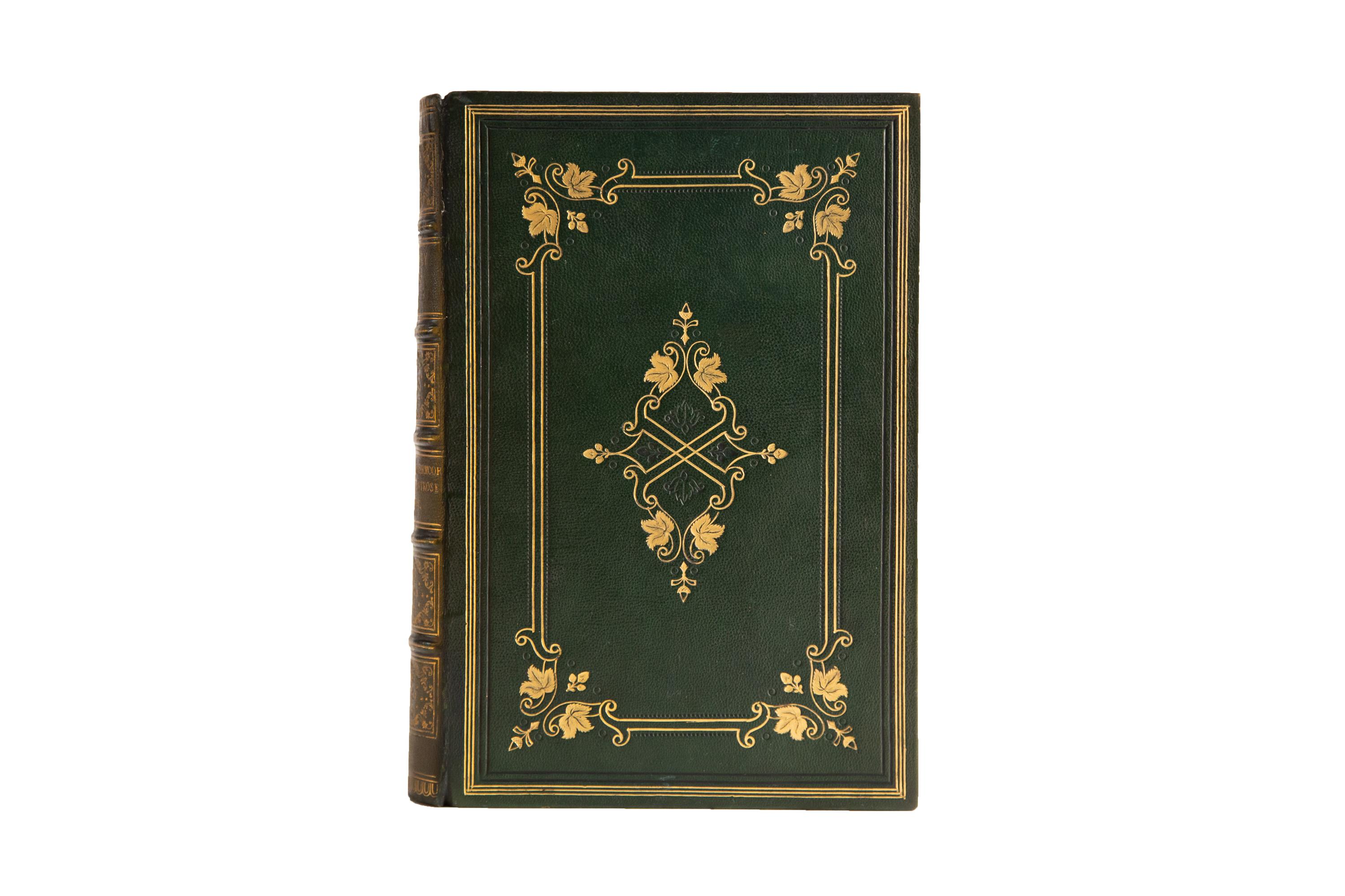 12 Volumes. Sir Walter Scott, The Waverly Novels. Bound in full green morocco with ornate floral and ruled gilt and open tooling. The spines display raised bands, ornately detailed panels, and label lettering, all gilt-tooled. All of the edges are