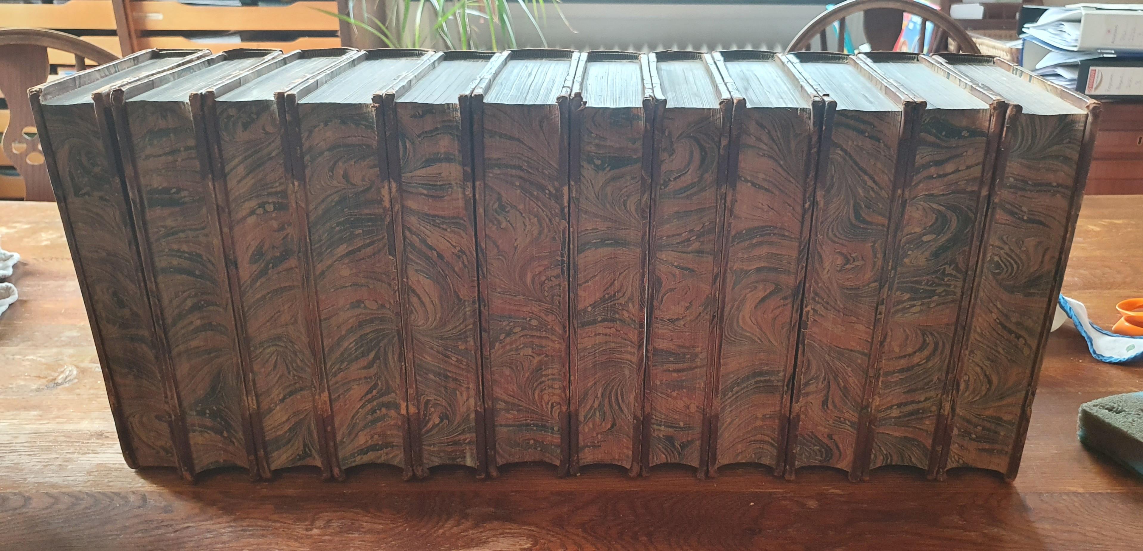 Complete 12 volume set of the Waverley Novels illustrated in the Abbotsford Edition. Leather over marbled paper boards. Raised bands, ornate gilt on spines, marbled edges. With illustrations throughout. 
For condition of the books, see description