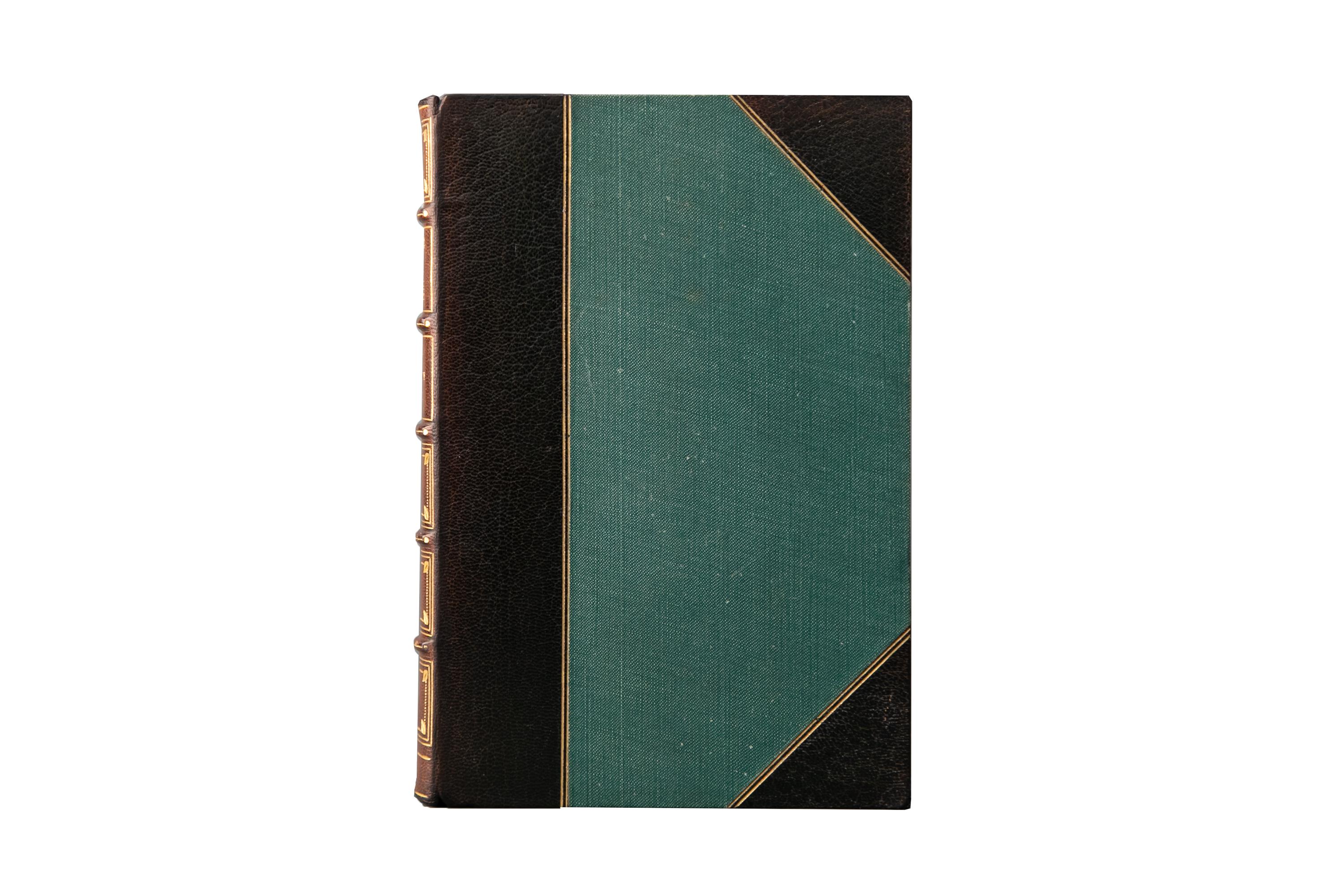 12 Volumes. The Brontë Sisters, Novels. Thornton Edition. Bound by Root & Son in 3/4 tan morocco and linen boards, double bordered in gilt-tooling. The spines are faded to brown and display raised bands, label lettering, panel details, and