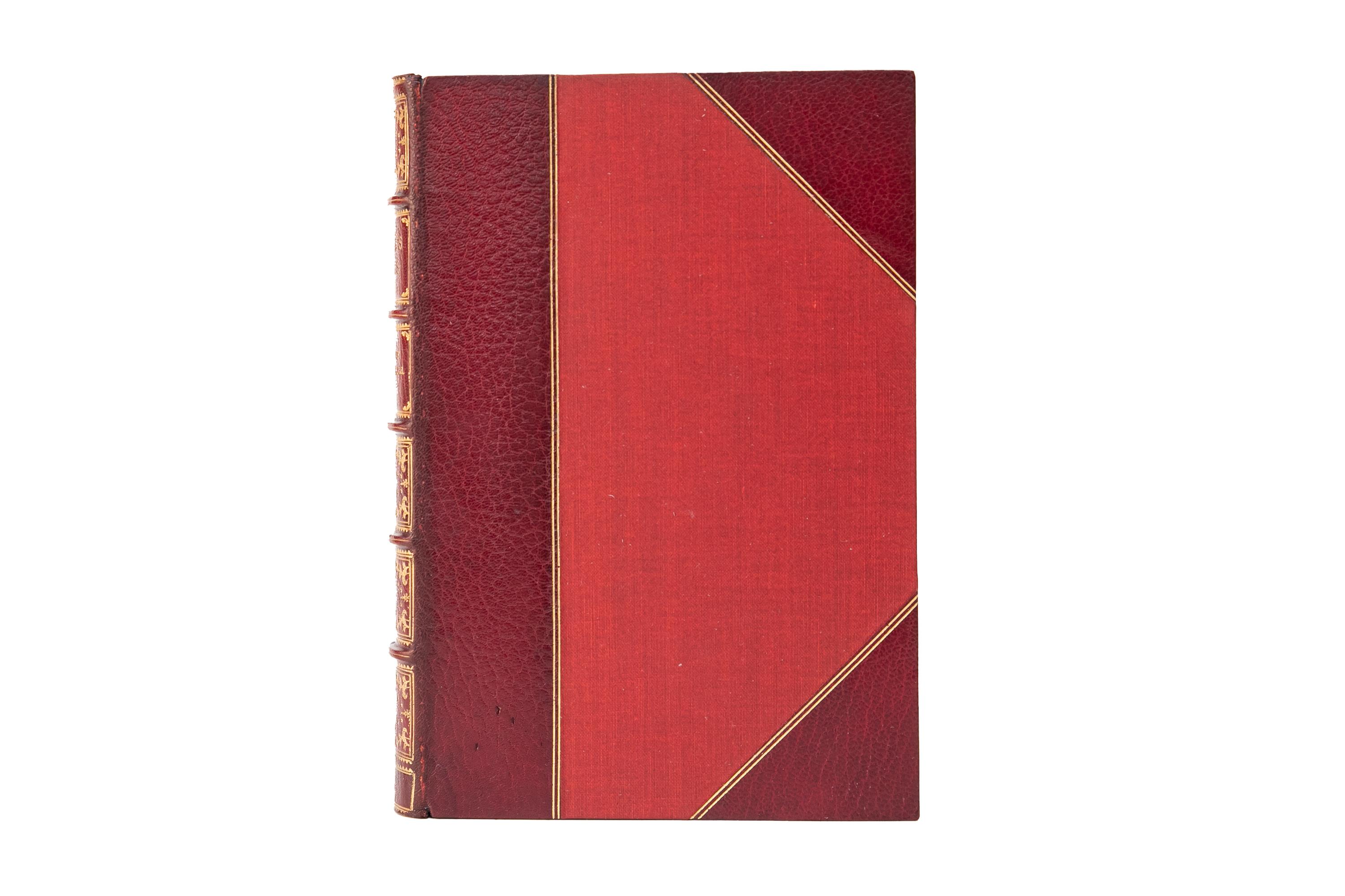 12 Volumes. The Sisters Brontë, The Novels. Thornton Edition. Bound in 3/4 wine morocco and linen boards with gilt-tooled detailing on the covers and raised band spines. Top edges gilt with marbled endpapers. Illustrated throughout. Edited by Temple