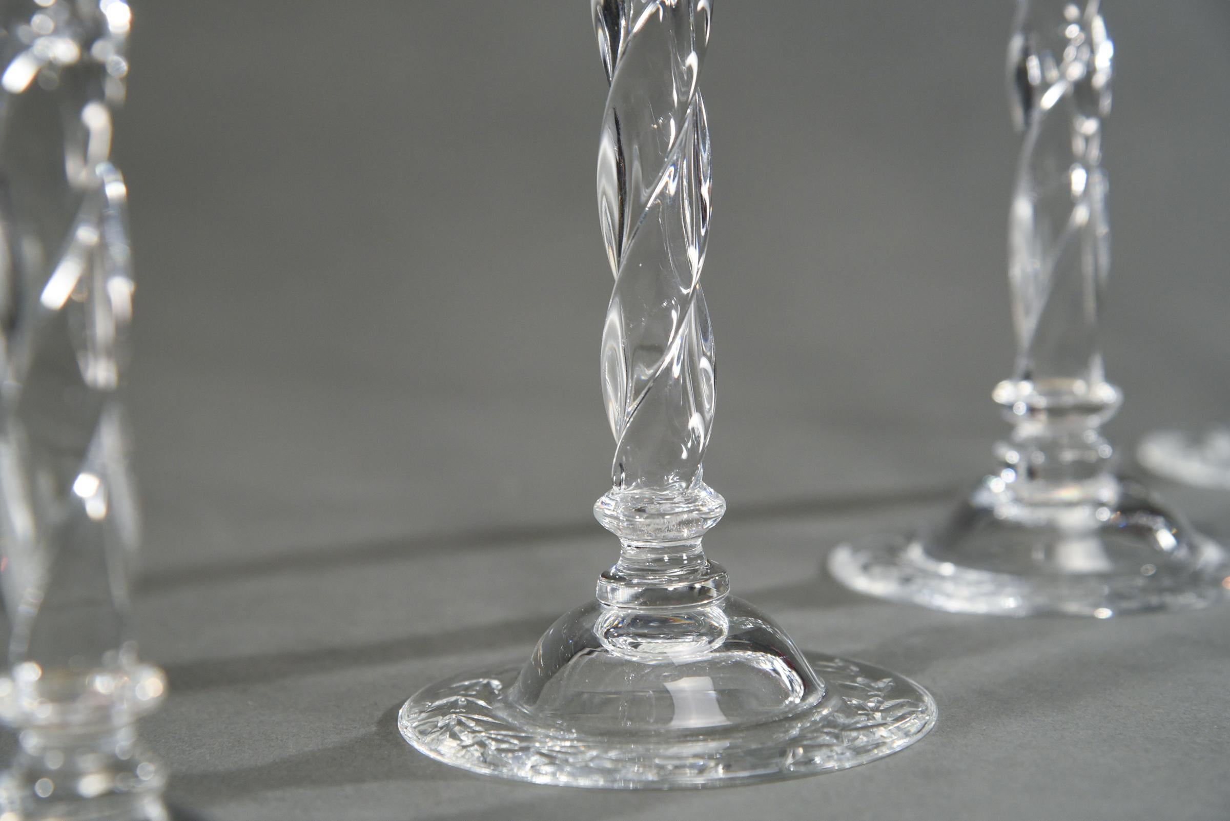 Engraved 12 Webb Hand Blown Tall Crystal Goblets Wheel Cut with Twist Spiral Stem For Sale