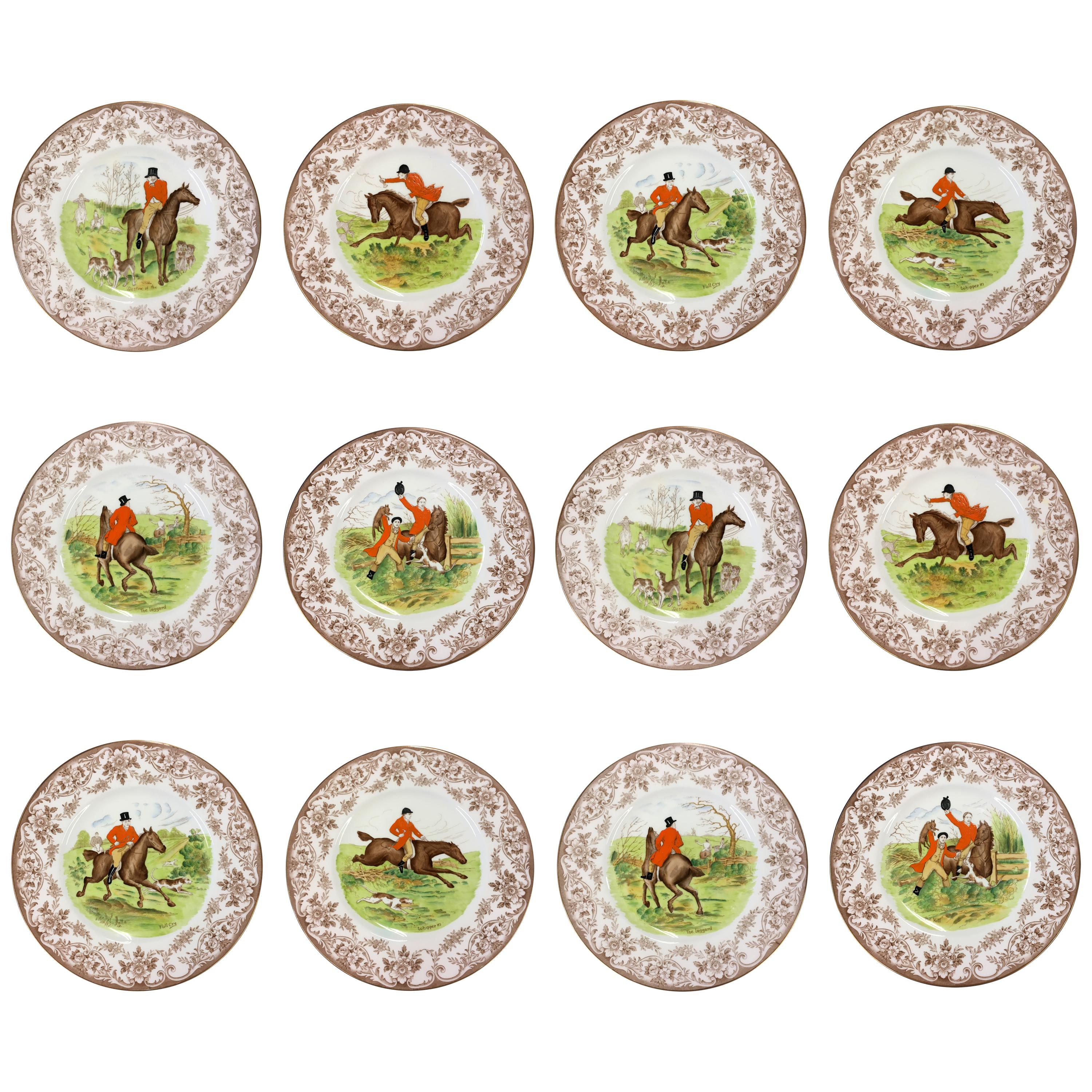 12 Wedgwood Hand-Painted Transferware "Patrician Hunt" Porcelain Display Plates For Sale