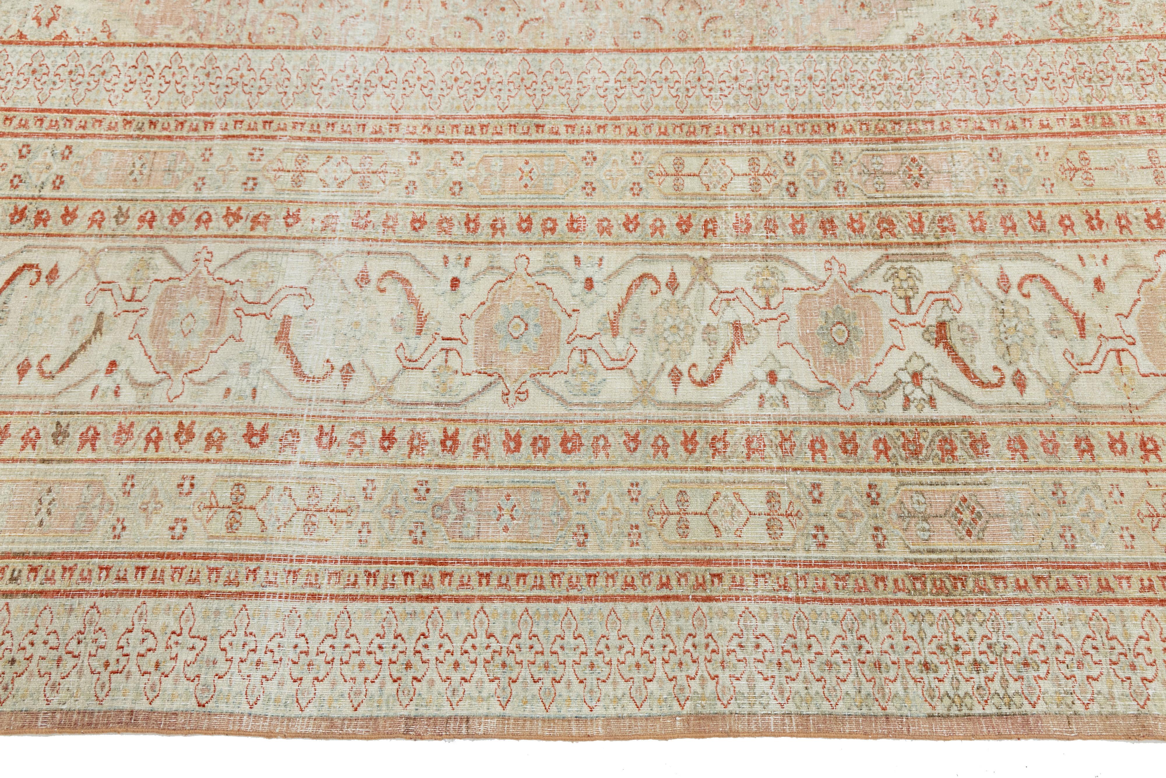 12 x 13 Antiker Pfirsich Tabriz Handgefertigter Persischer Wollteppich mit Blumenmuster im Angebot 3