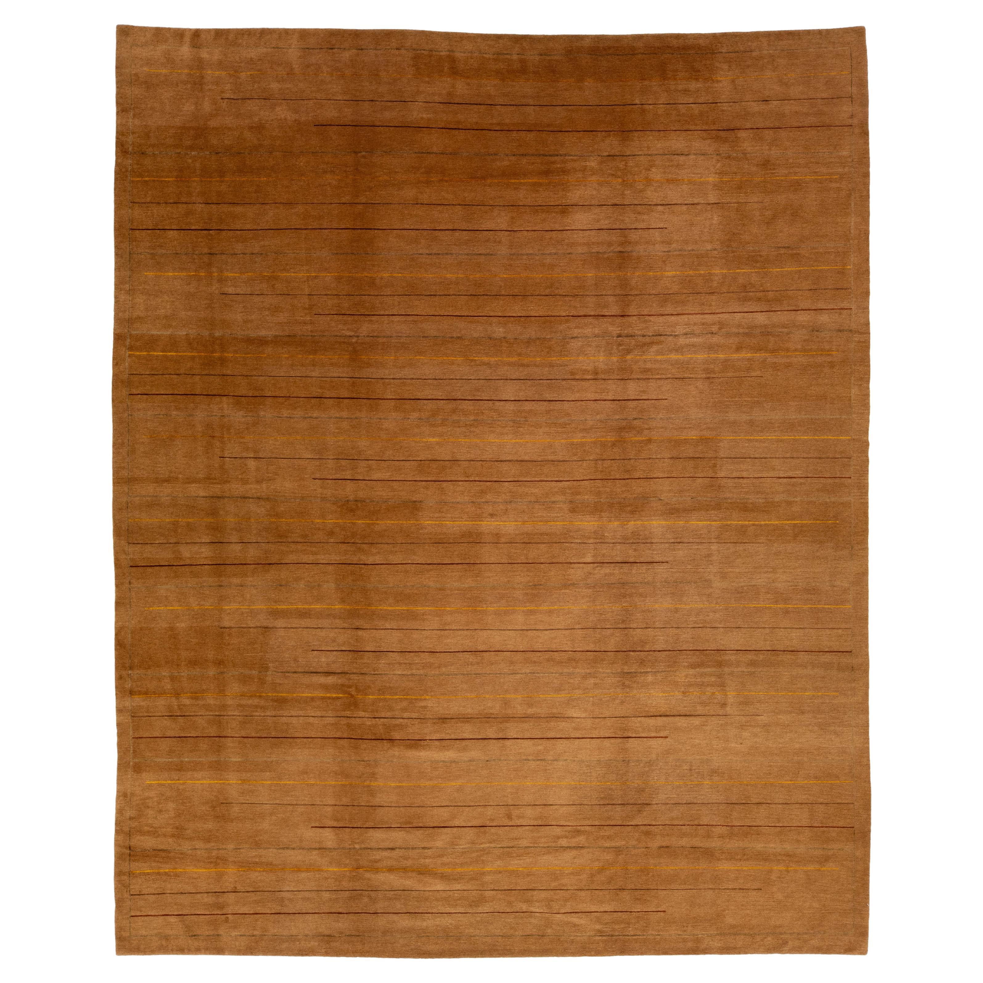 12 x 14 Tibetischer Woll- und Seidenteppich mit zeitgenössischem Design in Goldern Braun