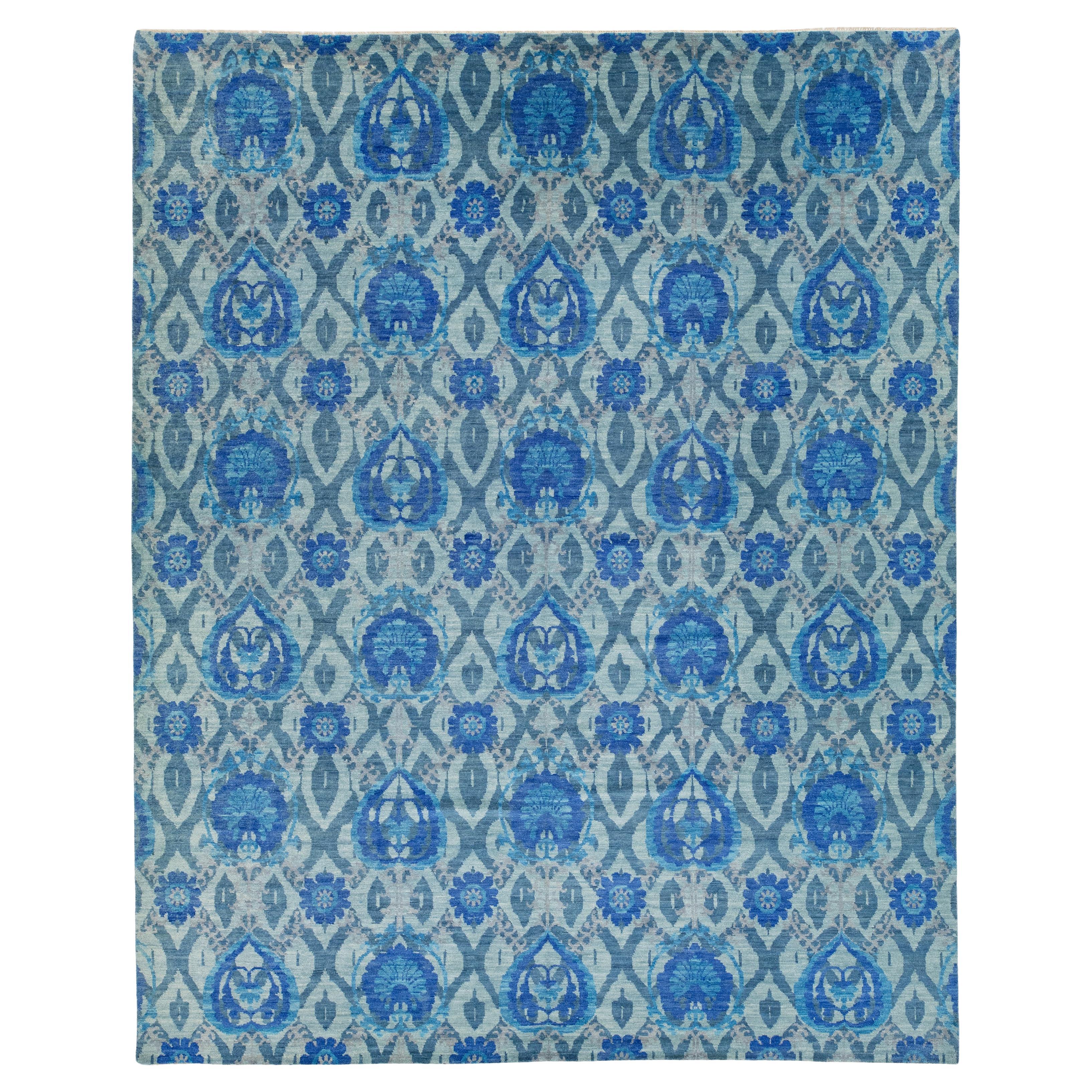 12 x 15 Alfombra Contemporánea De Lana Ikat Con Diseño Allover En Color Verde Y Azul