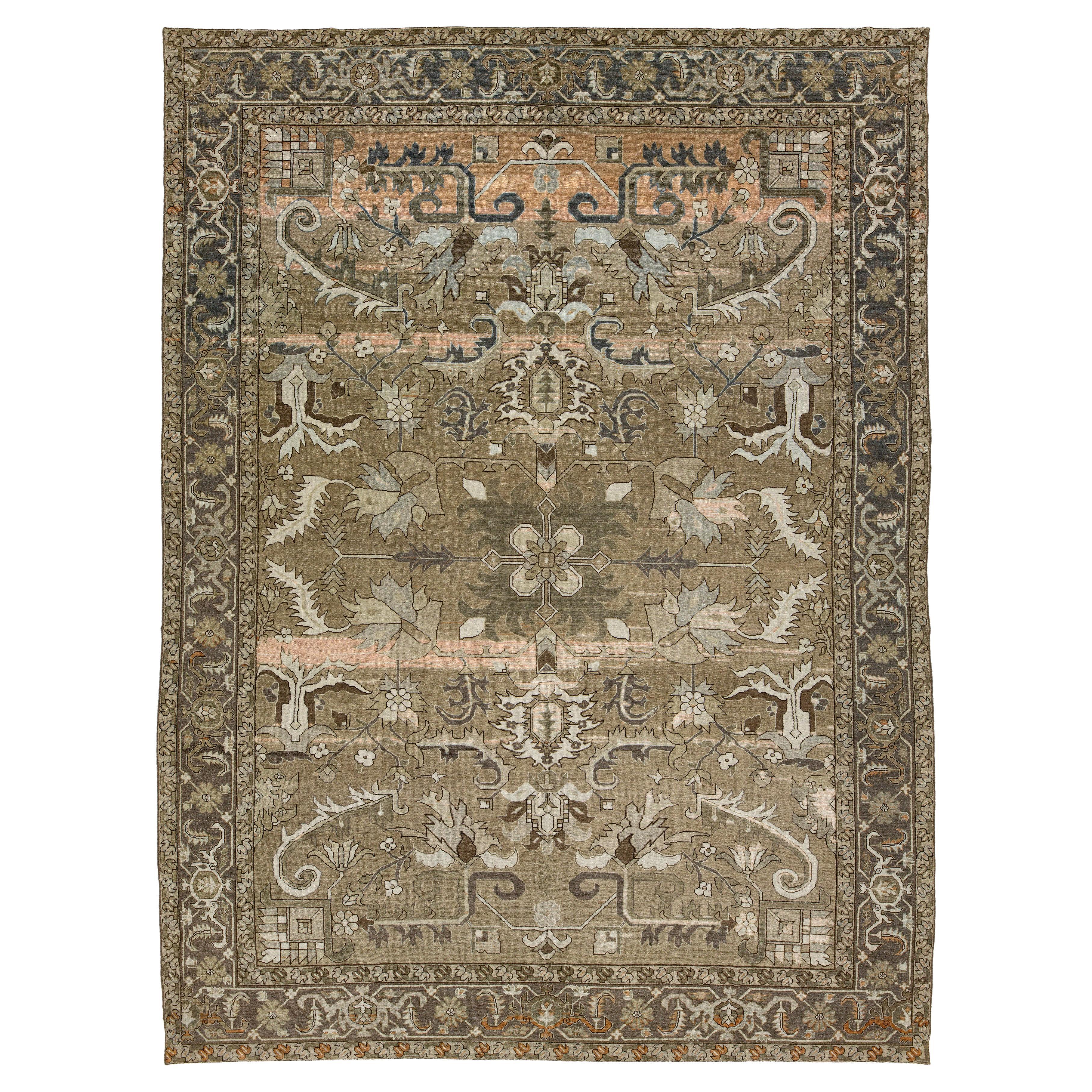 12 x 15 Antiker Malayer Teppich aus persischer Wolle  In erdigen Tönen mit Rankenmotiven