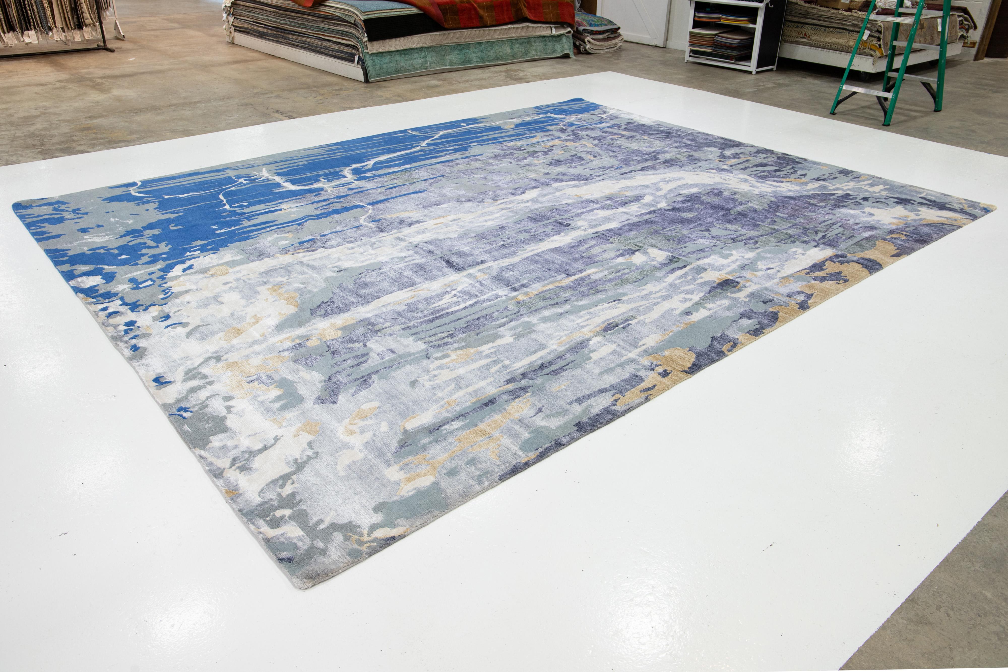 Indiano Tappeto in lana e seta contemporaneo 12 x 15 blu e grigio con disegno astratto in vendita