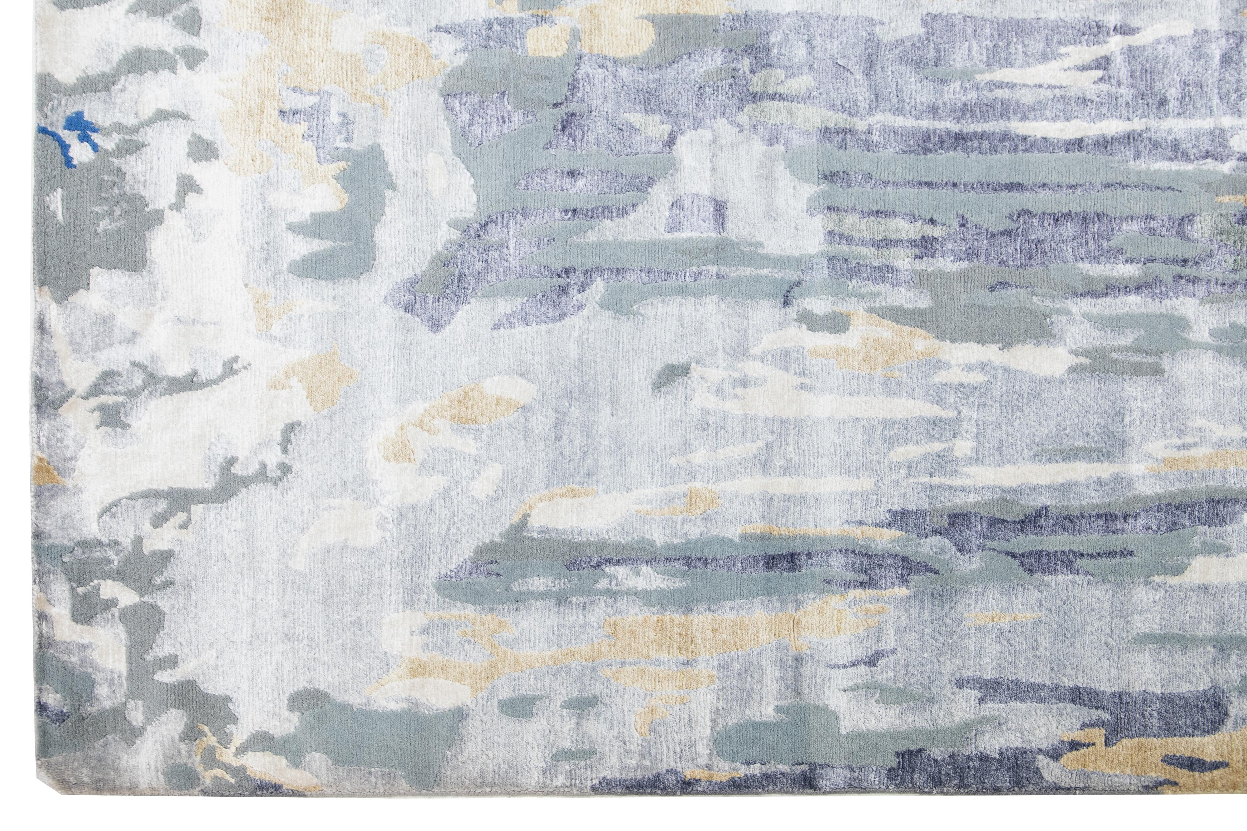 Tappeto in lana e seta contemporaneo 12 x 15 blu e grigio con disegno astratto In condizioni Nuovo in vendita a Norwalk, CT