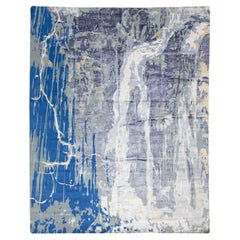 12 x 15 Tapis contemporain en laine et soie bleu et gris à motif abstrait