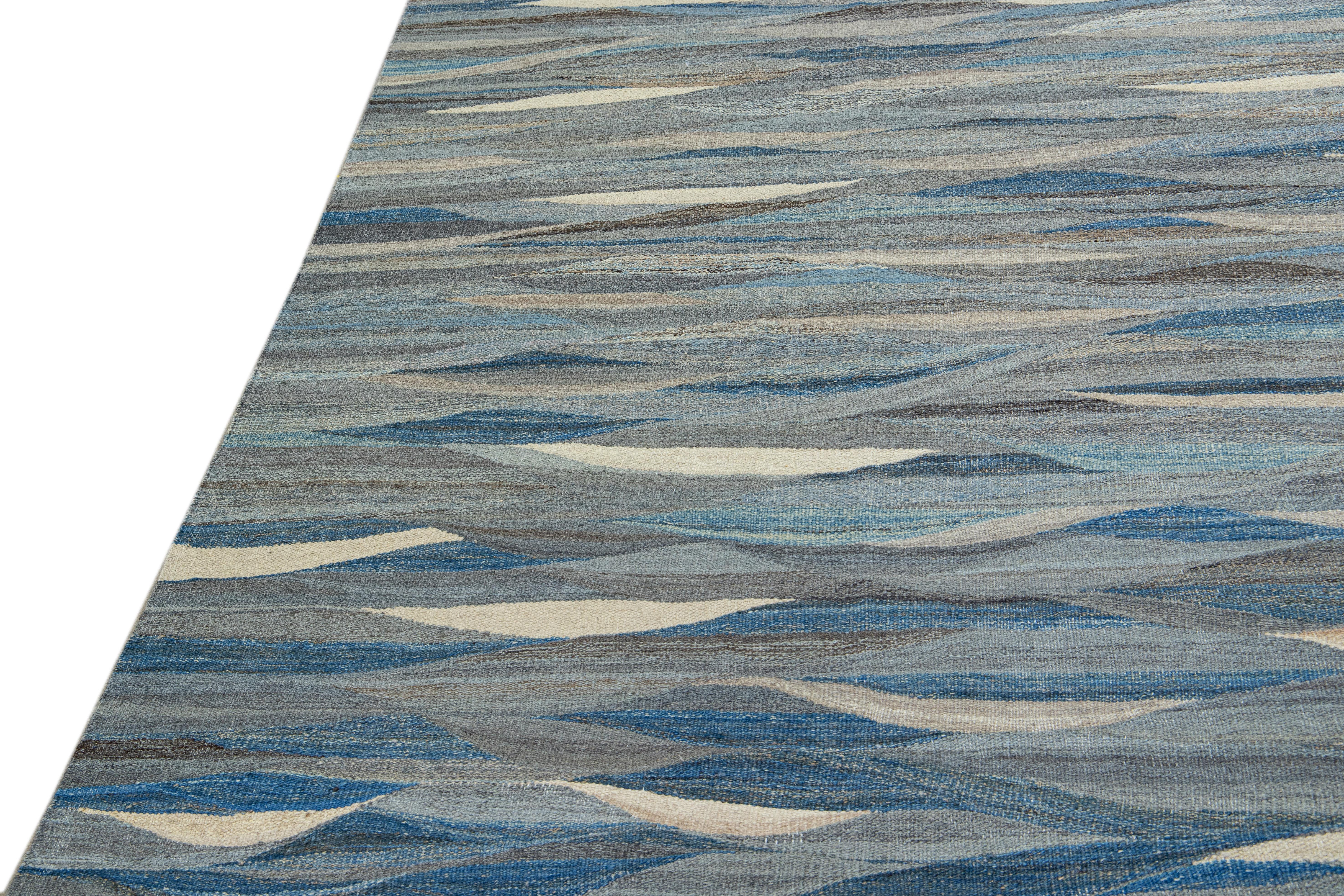 12 x 15 Blue Modern Flat-Weave Wool Rug With Abstract Design For Sale 1