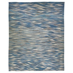 12 x 15 Blue Modern Flat-Weave Wool Rug With Abstract Design