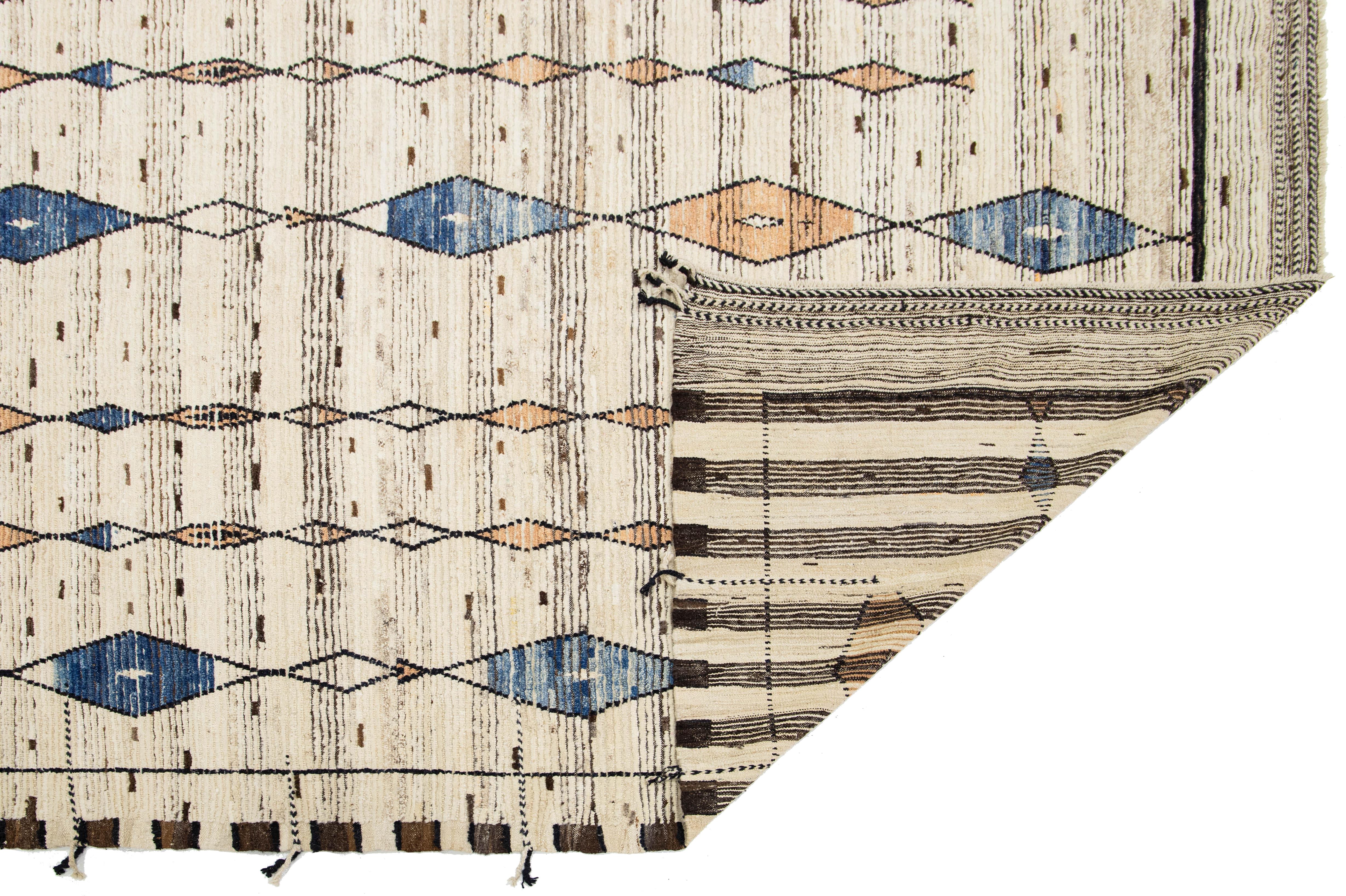 12 x 15 Alfombra Contemporánea de Lana Anudada a Mano Estilo Marroquí-Tribal Beige Moderno en venta