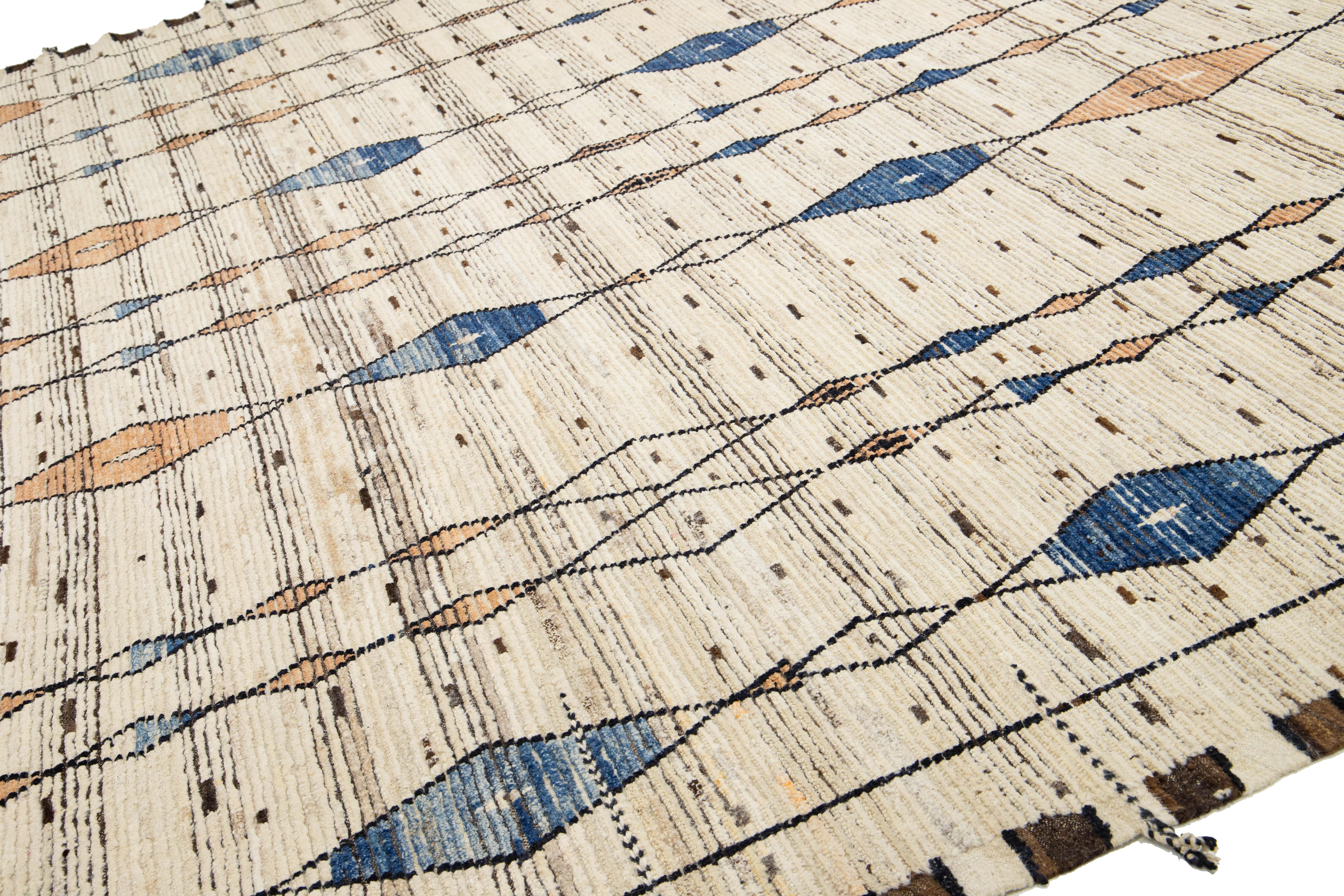 12 x 15 Alfombra Contemporánea de Lana Anudada a Mano Estilo Marroquí-Tribal Beige Anudado a mano en venta