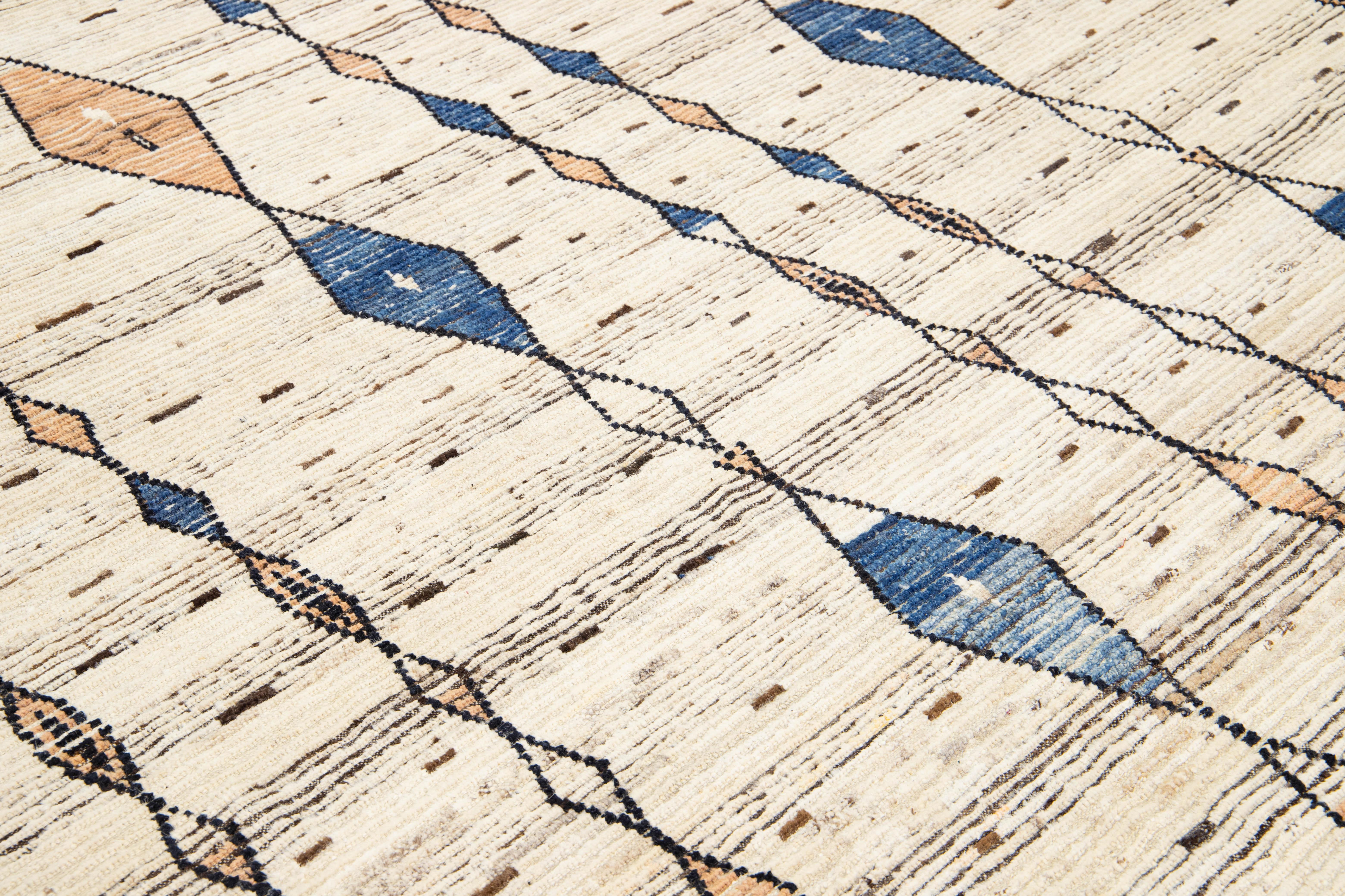 12 x 15 Alfombra Contemporánea de Lana Anudada a Mano Estilo Marroquí-Tribal Beige en venta 1