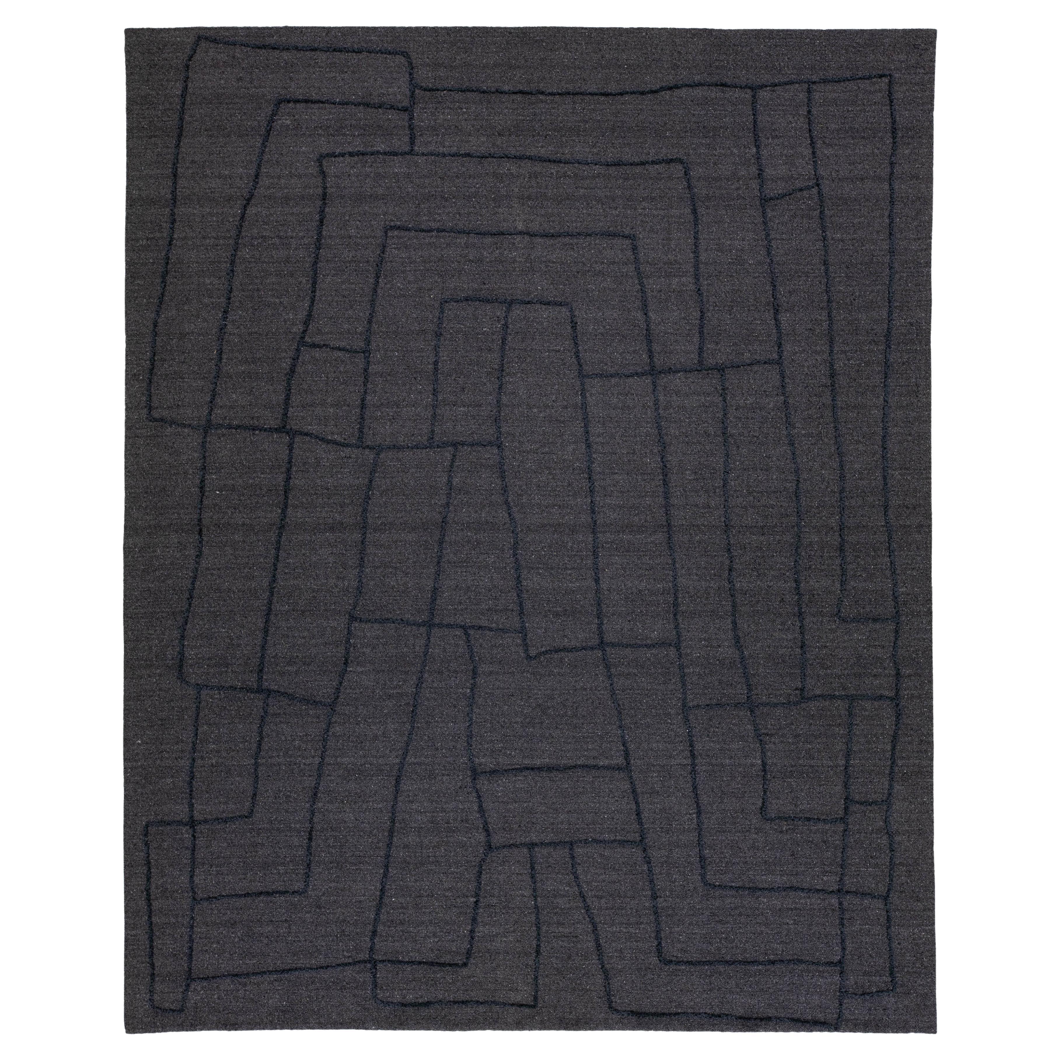 12 x 15 Contemporary Hand Loom Wool Rug In Gray With Abstract Design