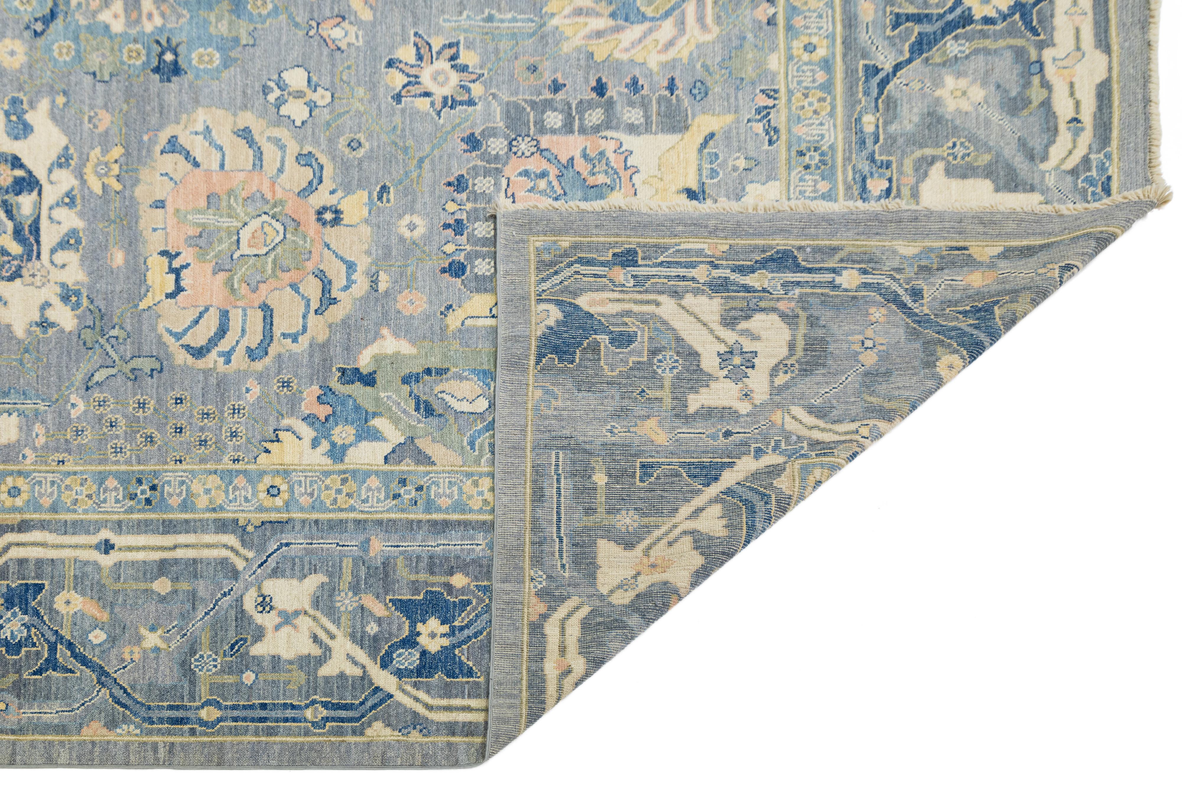 Pakistano 12 x 15 Tappeto contemporaneo in lana blu in stile Oushak realizzato a mano con design/One in vendita