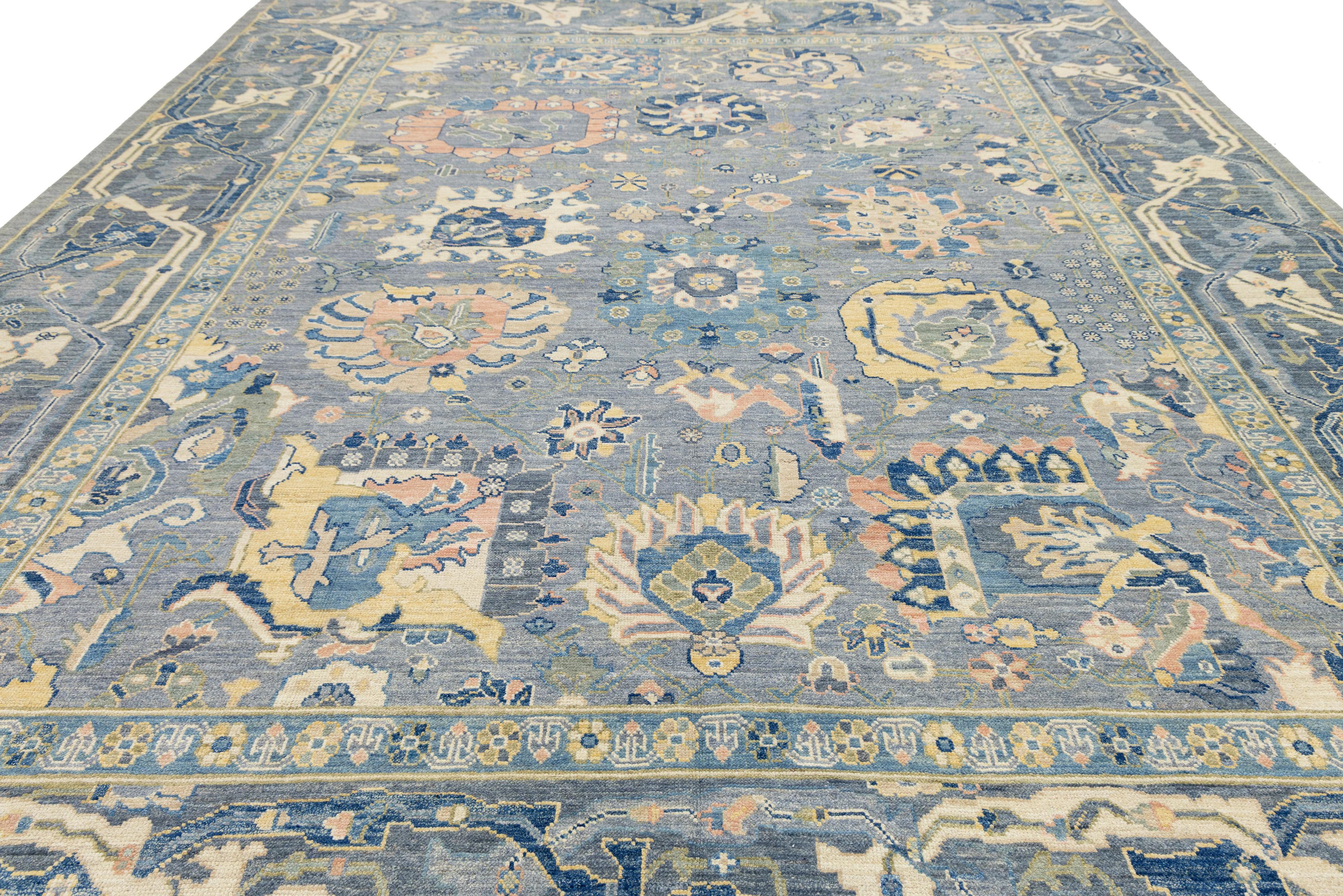 Lana 12 x 15 Tappeto contemporaneo in lana blu in stile Oushak realizzato a mano con design/One in vendita