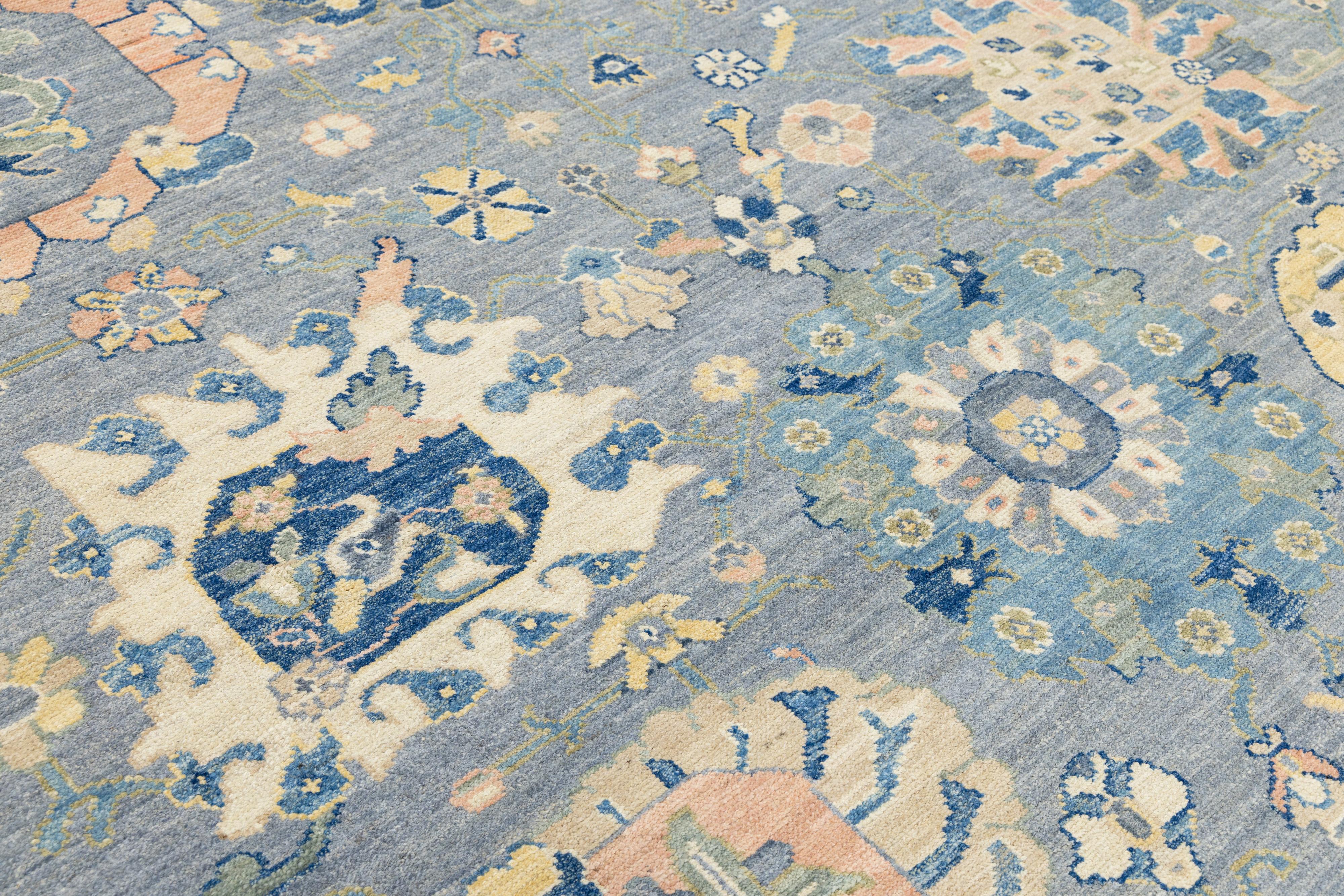 12 x 15 Tappeto contemporaneo in lana blu in stile Oushak realizzato a mano con design/One in vendita 1