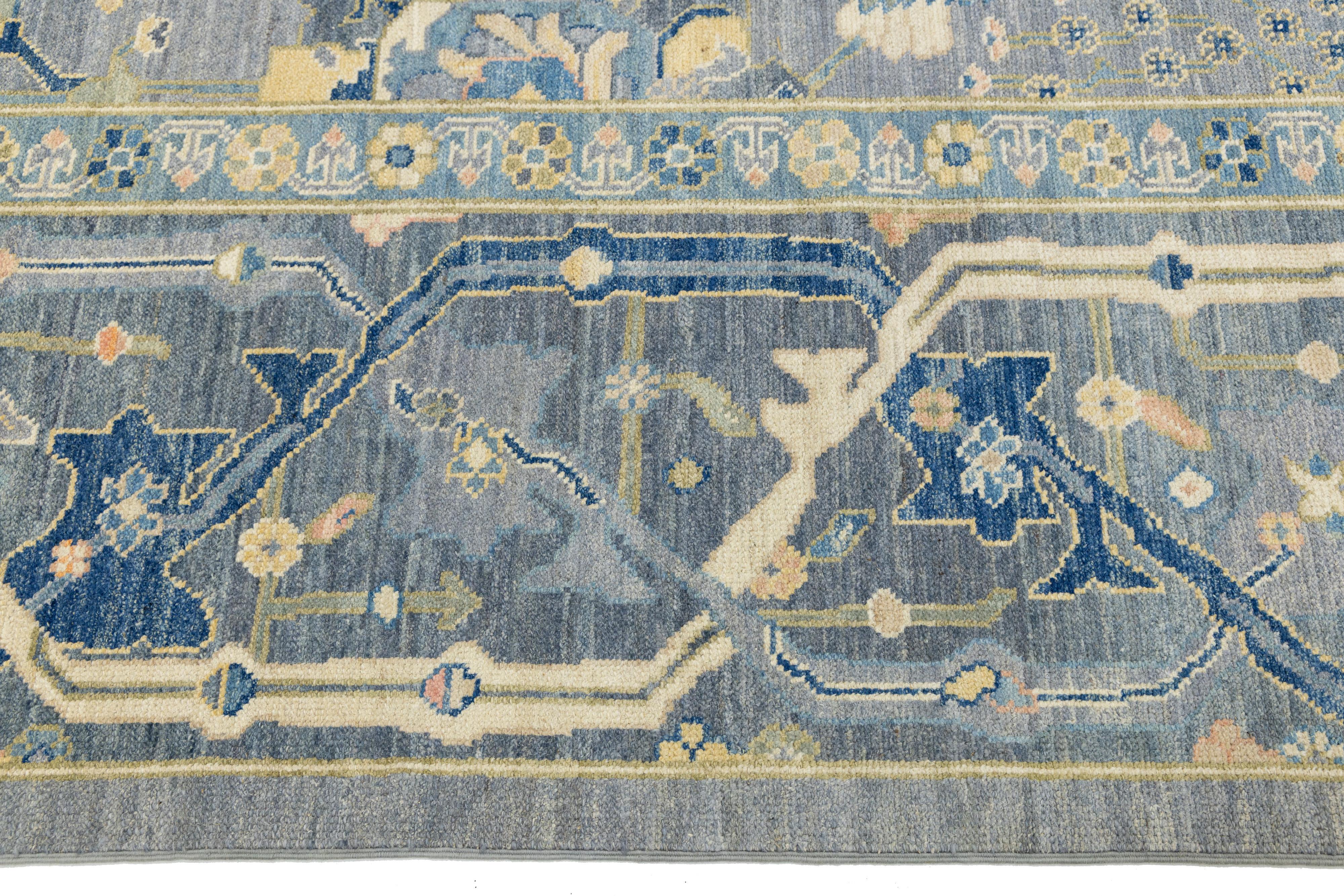 12 x 15 Tappeto contemporaneo in lana blu in stile Oushak realizzato a mano con design/One in vendita 2