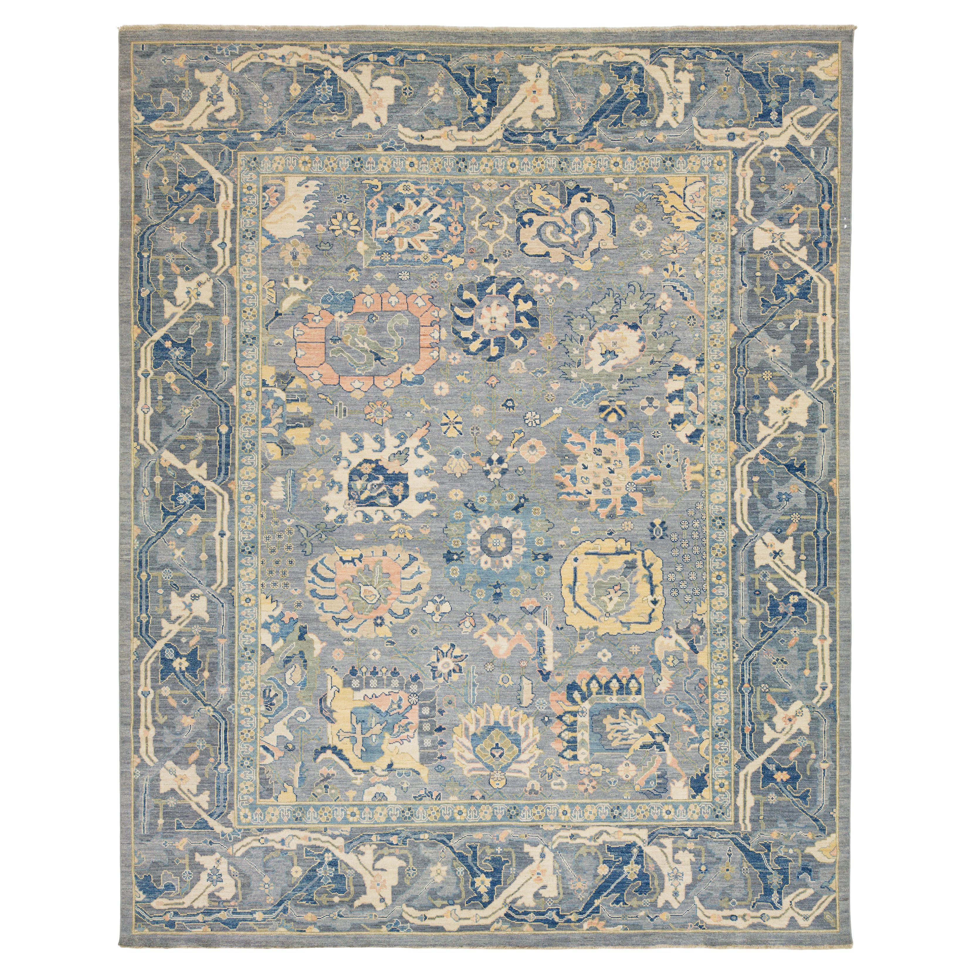 12 x 15 Tappeto contemporaneo in lana blu in stile Oushak realizzato a mano con design/One in vendita