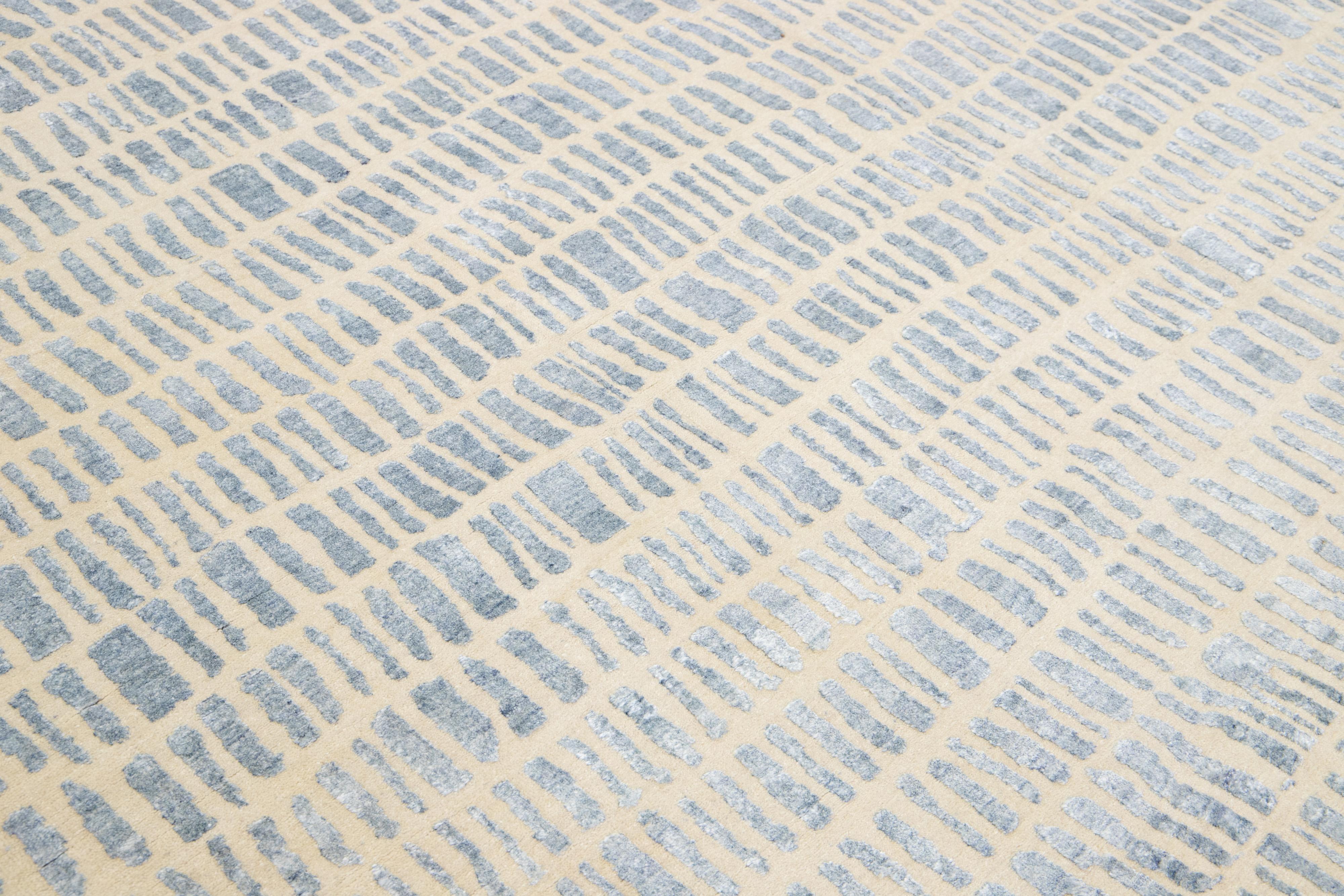 12 x 15 Alfombra contemporánea de lana y seda con diseño geométrico azul Siglo XXI y contemporáneo en venta